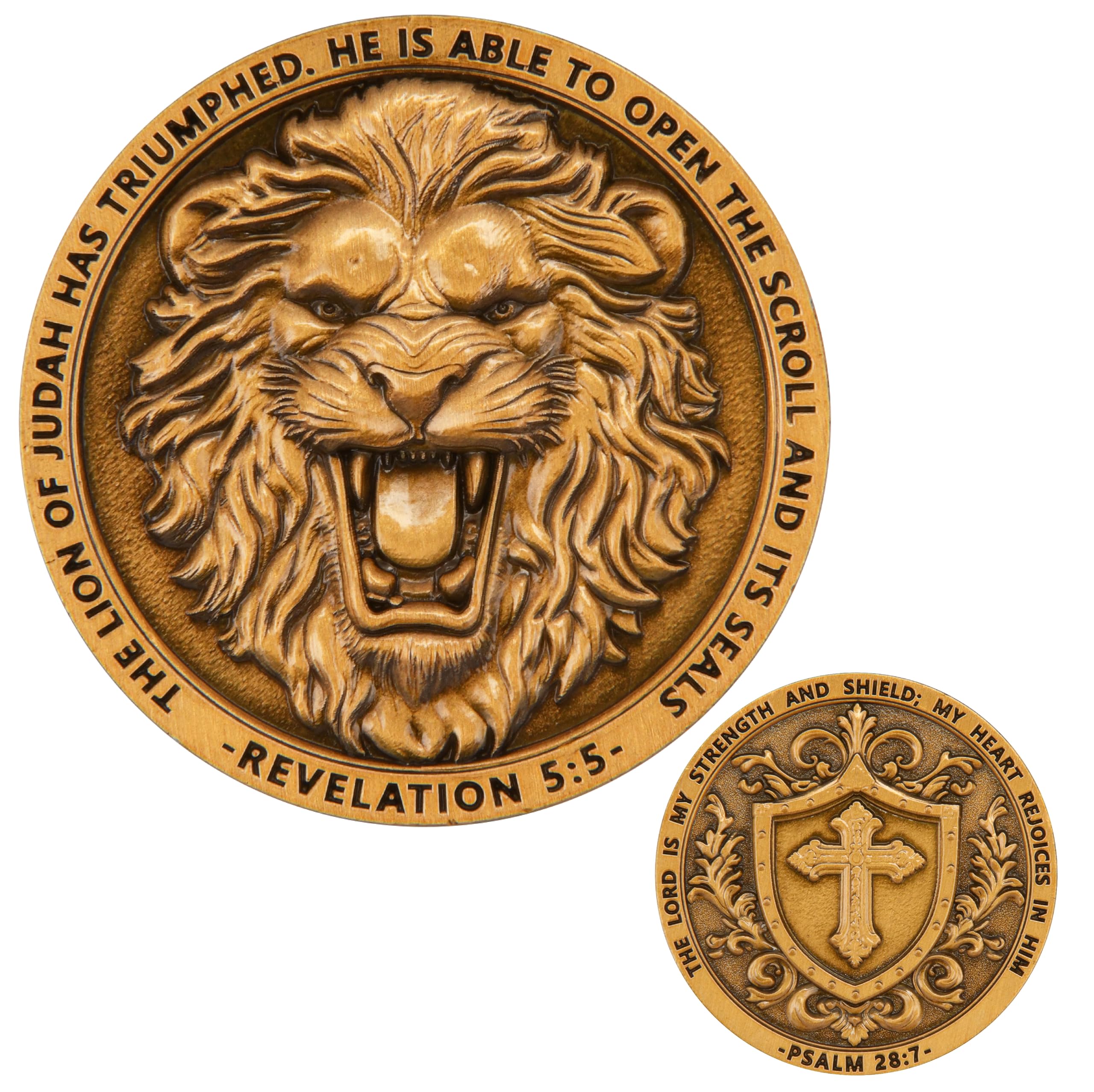 Lion of Judah Double-Sided Commemorative Coin – Religious Collectible with Bible Verses (Revelation 5:5 & Psalm 28:7), Gold-Like Zinc Alloy Finish,