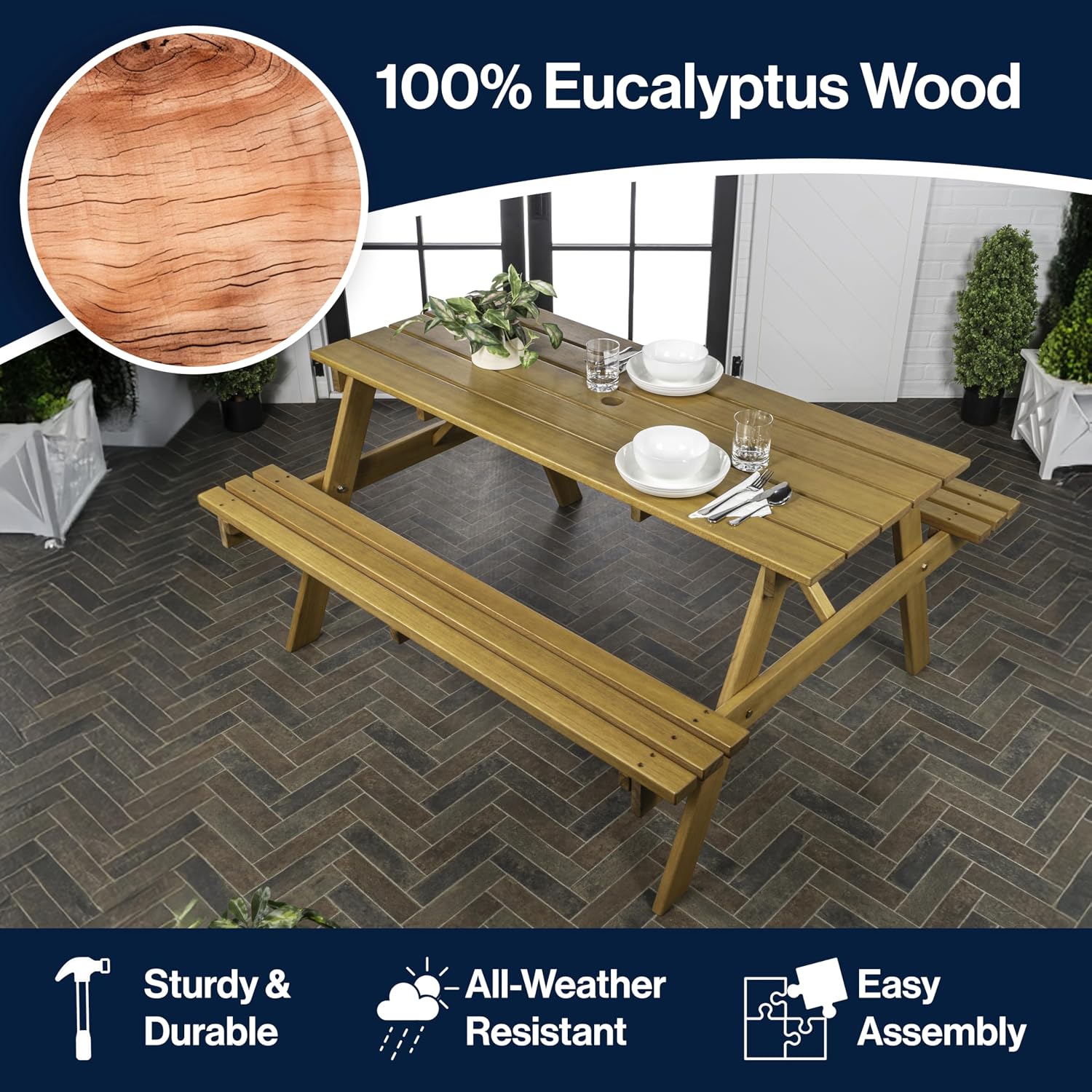JONATHAN Y Shoreham 59" Teak Brown Eucalyptus Wood Outdoor Picnic Table with Benches for Patio, Rectangular Dining Set with 2" Umbrella Hole, Heavy Duty 700 lbs Capacity BNH200A