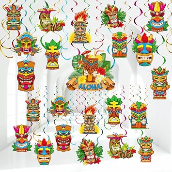 Yisong 53 Pieces Tiki Party Decorations Hawaiian Aloha Tropical Hanging Swirl Decor for Hawaiian Luau Summer Beach Birthday Tiki Bar Wedding Party Supplies