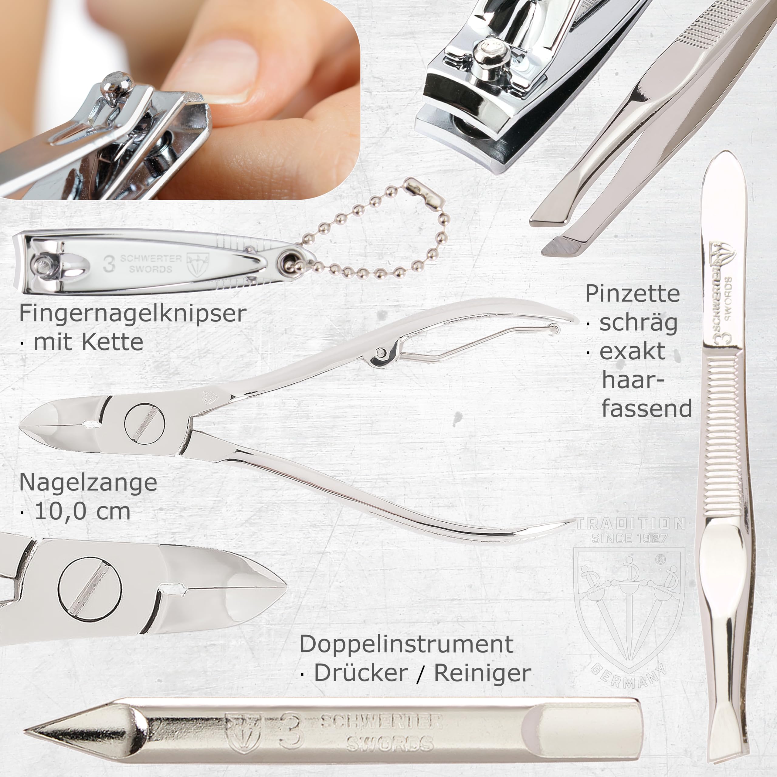 DREI SCHWERTER Germany Maniküreset Nagelnecessaire 'Andria' - 8-tlg. aus schwarzem Kunstleder, Inhalt: Nagelschere, Nagelzange, Glasnagelfeile, Hautschere, Pinzette und vieles mehr!