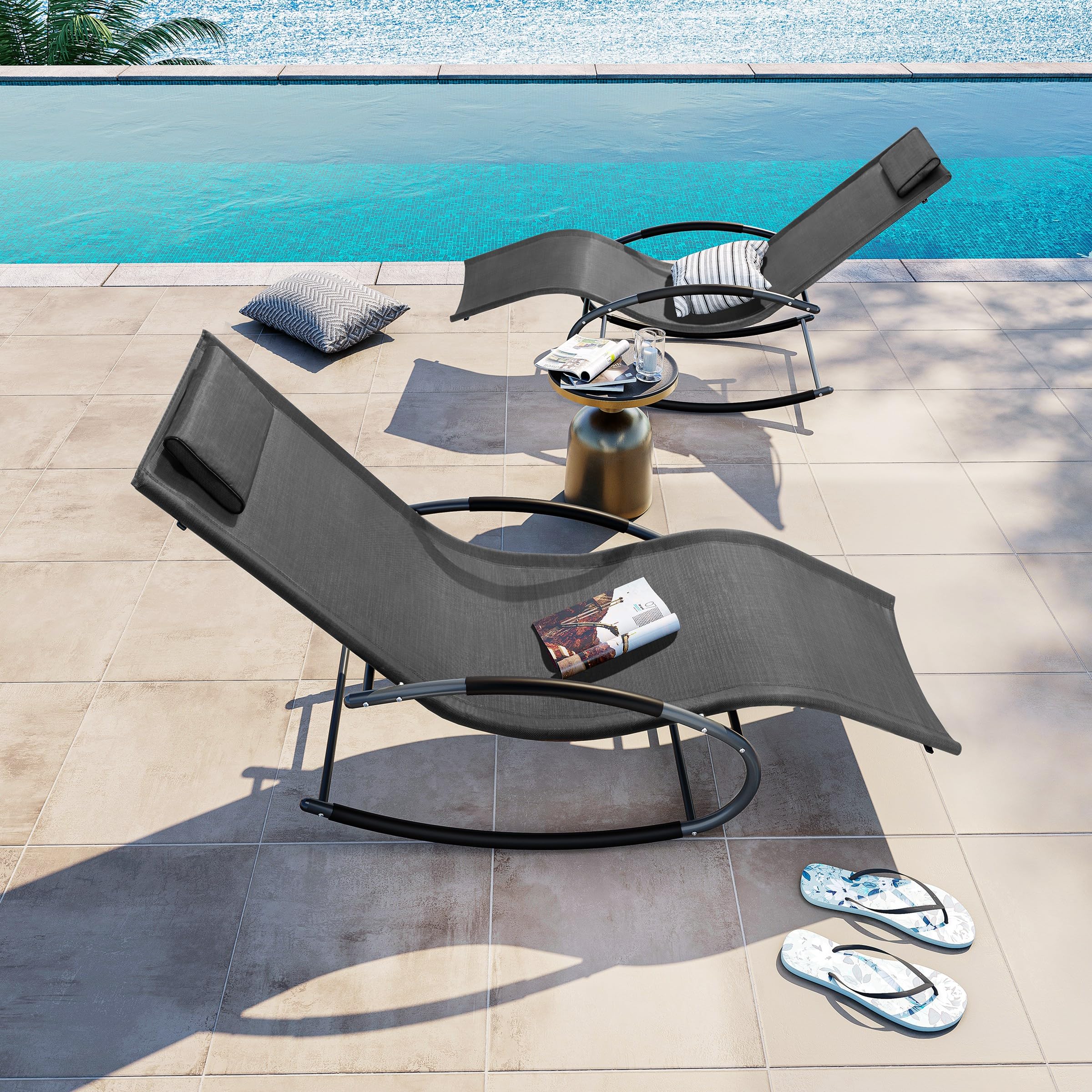 Crestlive Products Mecedora curvada para patio, con almohada, para playa, patio, piscina, exterior e interior (2 unidades, color negro)