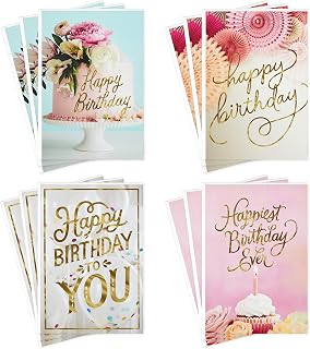 Hallmark Birthday Cards Assortment Pack: 12 Cards with Envelopes, Balloons Cake Flowers Designs, Gold Foil Accents