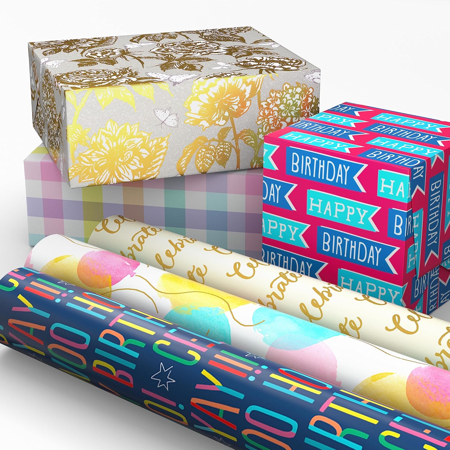 Hallmark Birthday Wrapping Paper Rolls for Wedding, Baby Shower, Easter, All Occasion - Flowers, Balloons, Pastel Plaid Gift Wrap Paper (Set of Assorted 6 Rolls: 180 sq. ft. ttl.)