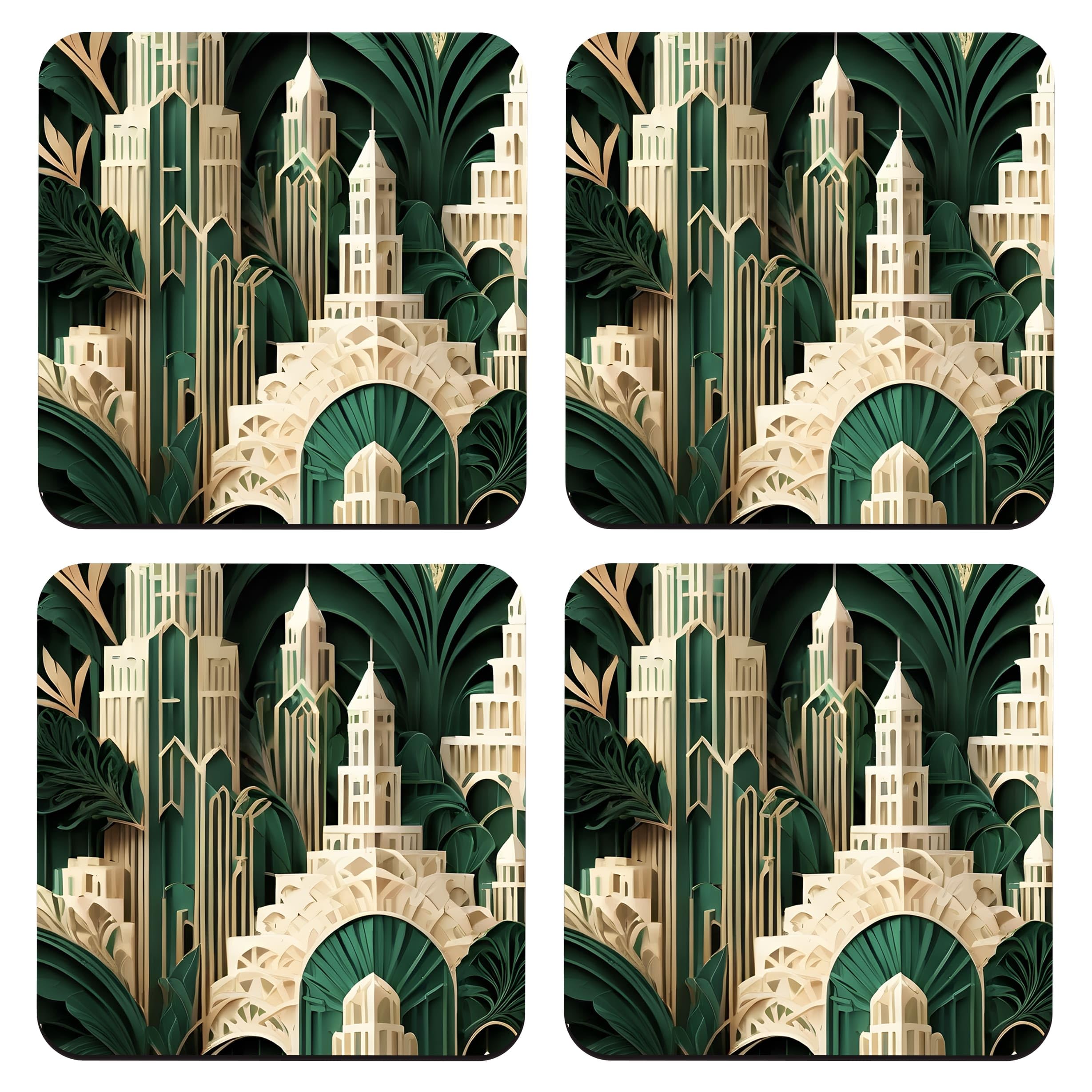Art Deco Coaster Gift Set, 4 x Abstract Green Art Print 9cm Glossy Wood Coffee Drinks Mats