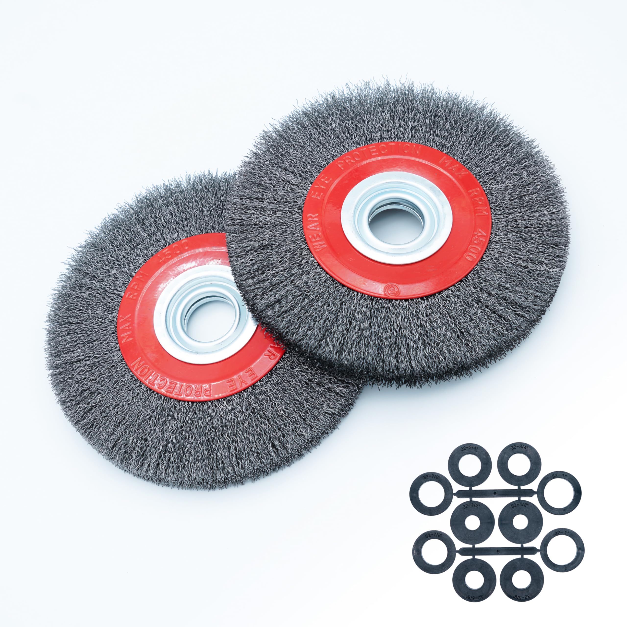 Drahtrundbürste 200 mm (8 Zoll) für Schleifbock – Grober gewellter Stahldraht 0,30 mm für professionelle Rost-, Schweißnaht- & Lackentfernung, 5 Präzisions-Adapter, 2er-Set