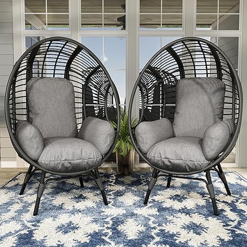 2 pcs Oversized Wicker Egg Chair Outdoor Indoor - Rattan Patio Egg Lounge Chairs with Cushion 500lbs Capacity for Living Room, Balcony, Backyard