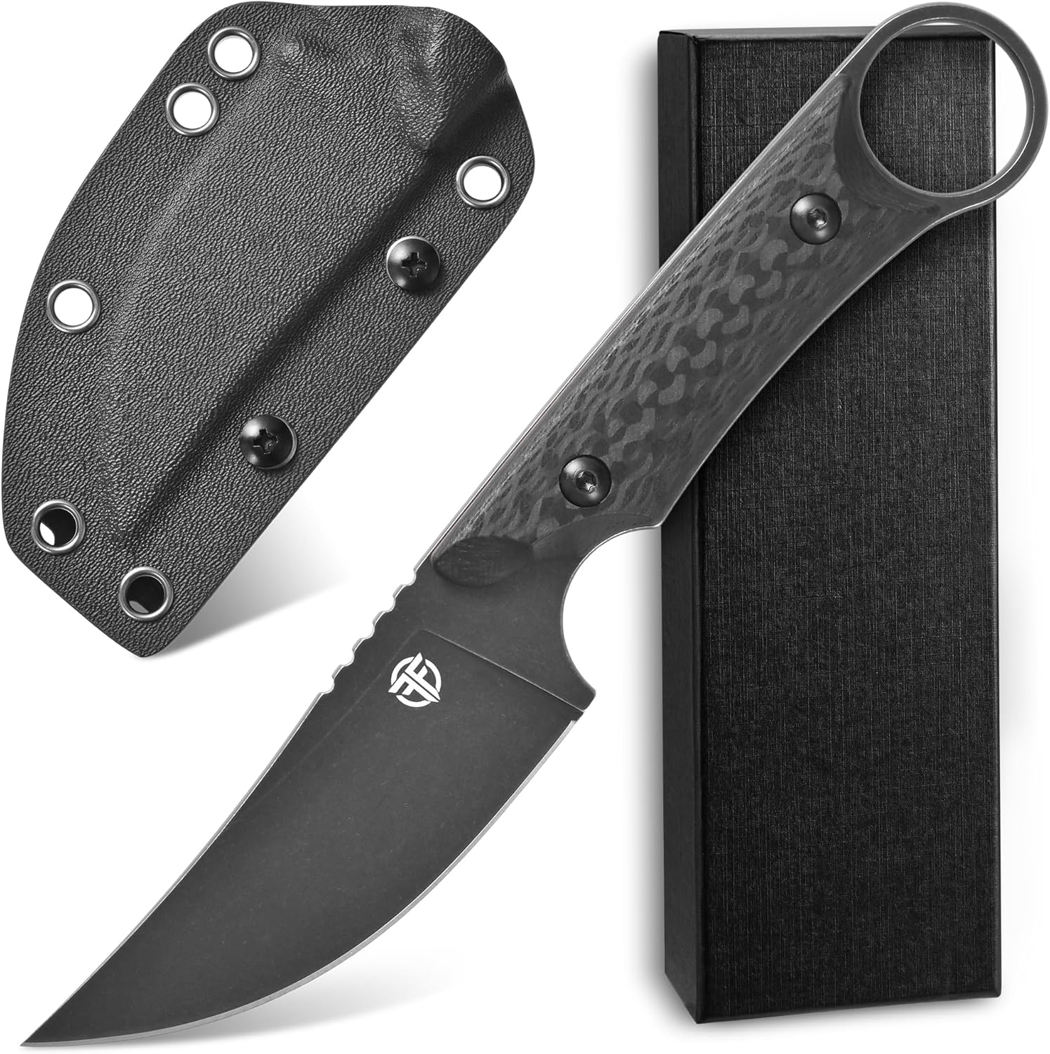 FF105 Fixed Blade Knife，DC53 Black Stonewashed Steel Blade Carbon Fiber Handle Full Tang Knife for Outdoor Camping Hunting Working(Black)
