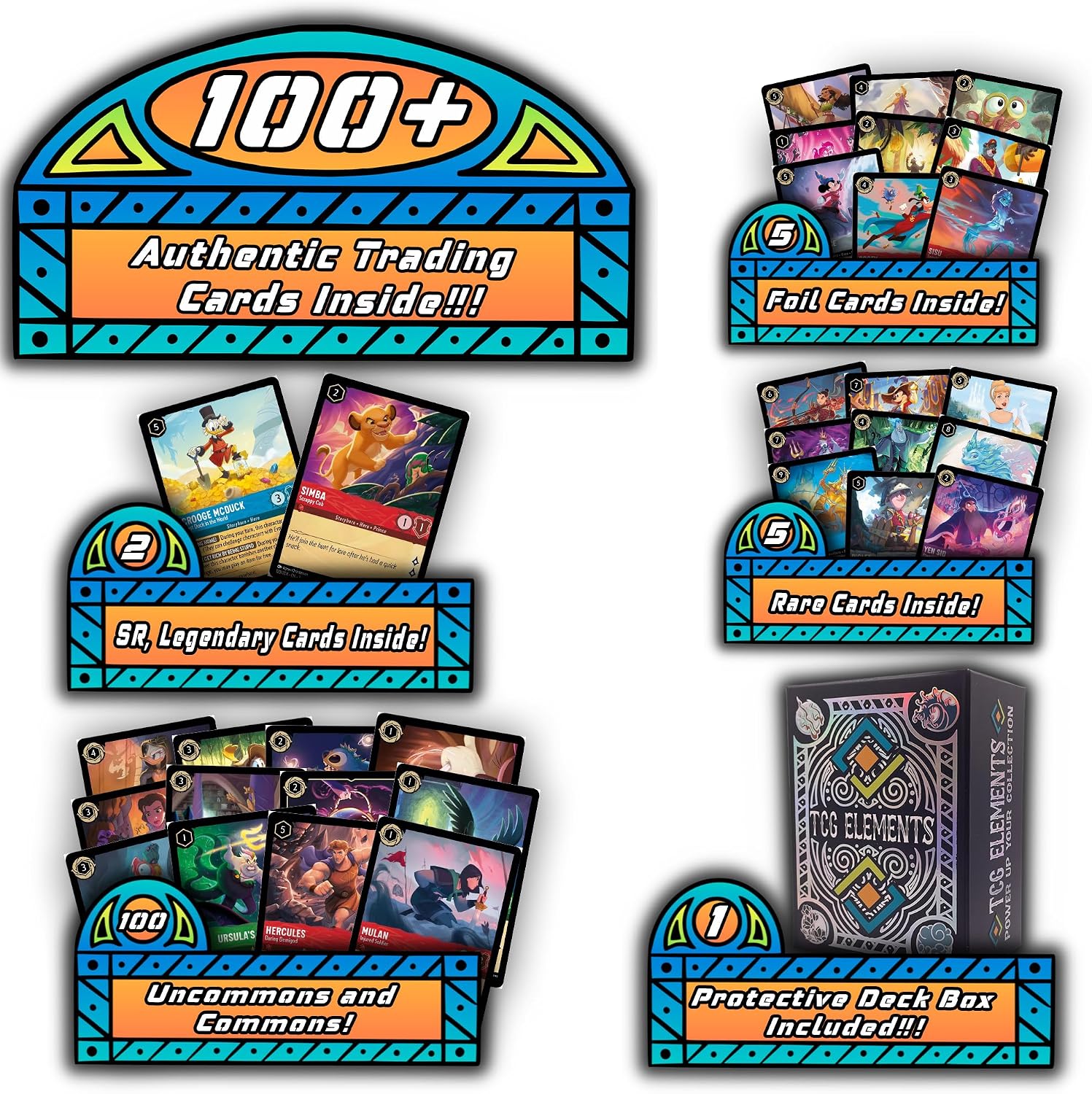 Deck Box with 100 Card Lorcana Bundle, 2 SR/L, 5 Foils, 5 Rare Cards, 100 C/UC Cards