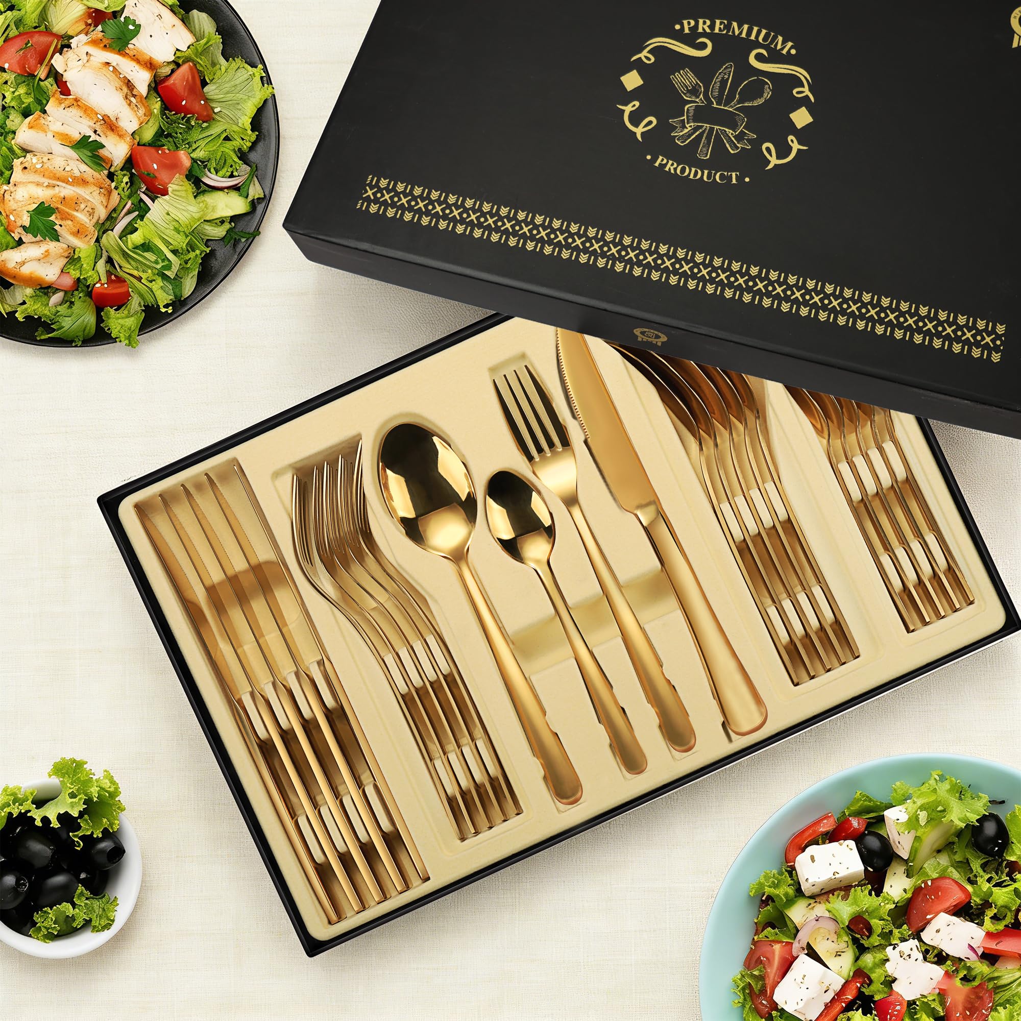 Juego de cubiertos dorados, 24 piezas de acero inoxidable pulido espejo, juego de utensilios de cocina para 6 personas, vajilla para el hogar y el restaurante con caja de regalo