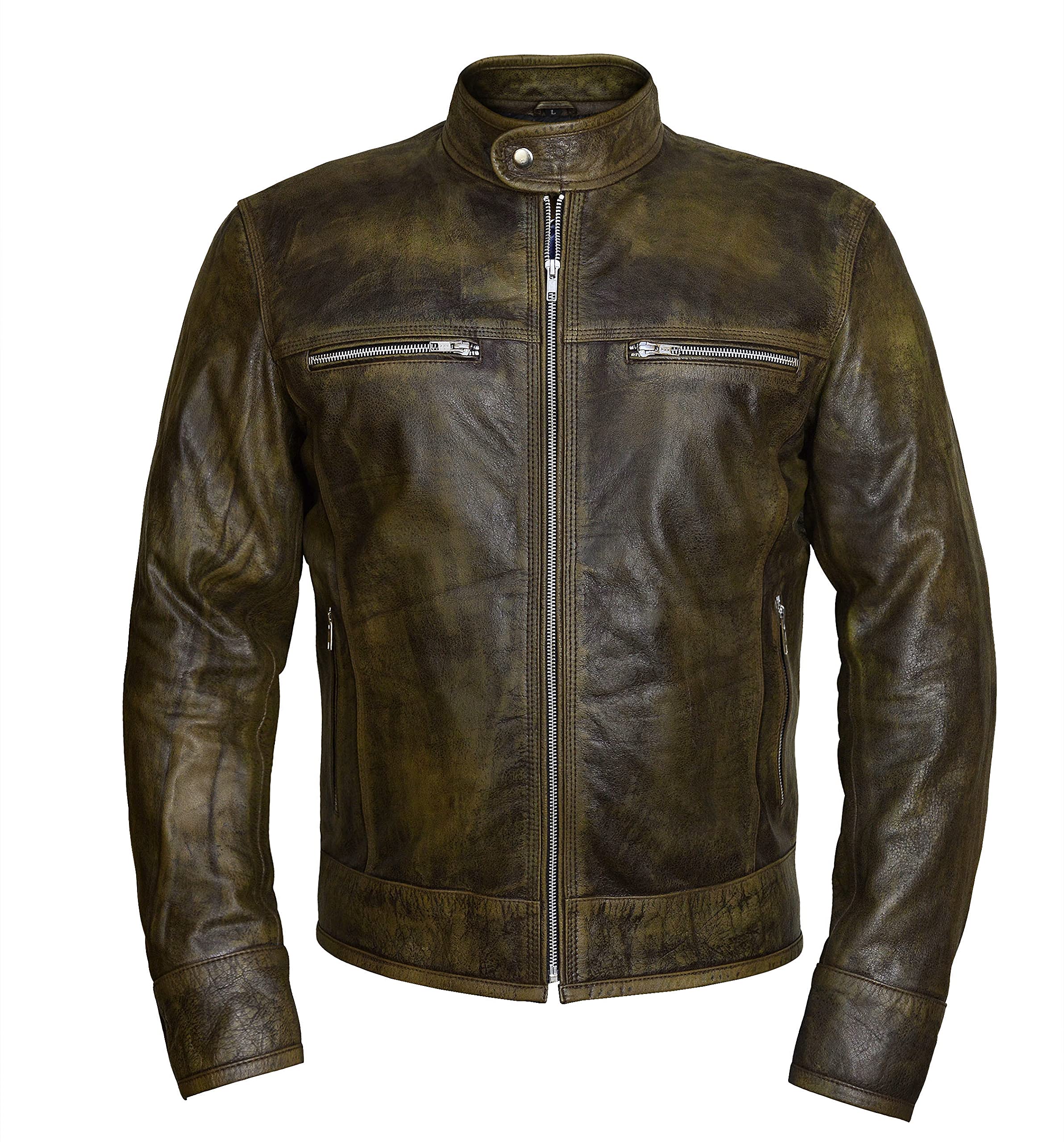 Men Premium Distressed Brown Padded Armored Cowhide Leather Coat