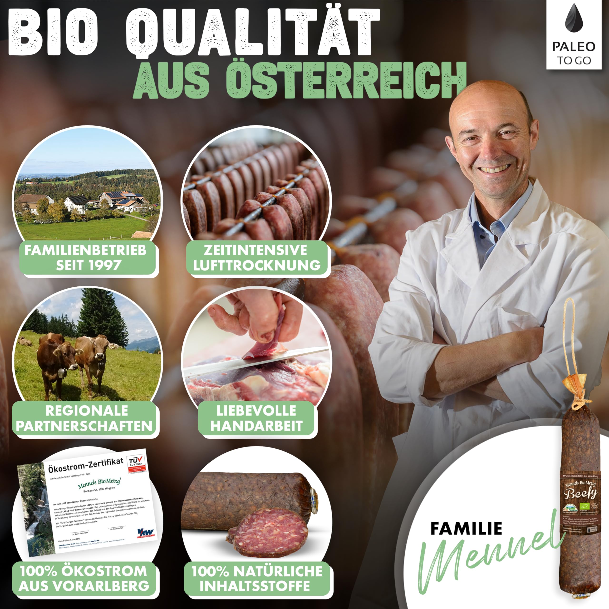 PALEO TO GO Bio Rind Snack Bundle, Rind Kaminwurzen, Beefy Salami und Beef Jerky aus Bio Rindfleisch, High Protein, Low Carb, zuckerfrei, glutenfrei, luftgetrocknet und ohne Konservierungsstoffe
