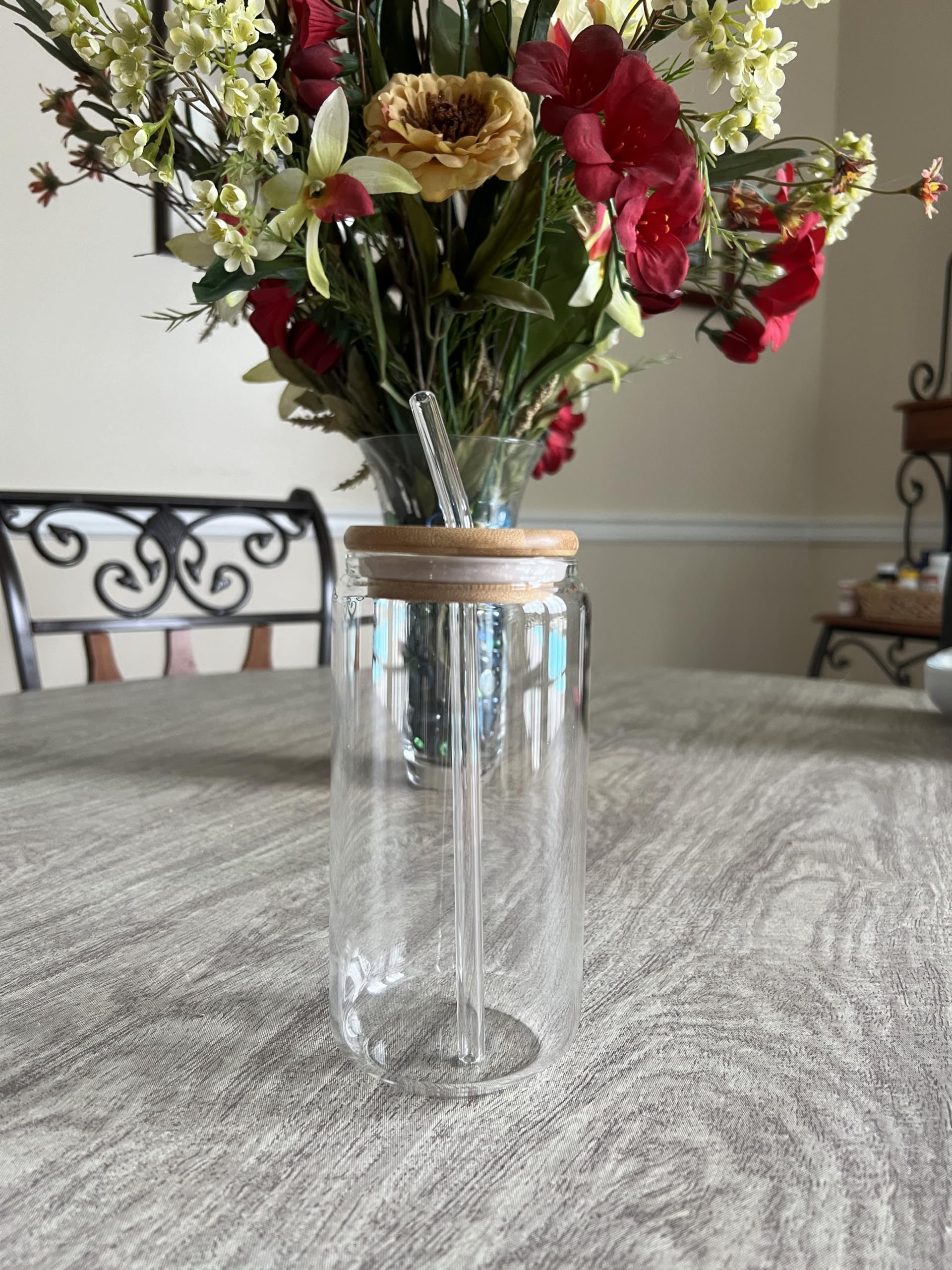 Generic 16 oz Clear Glass Tumbler with Bamboo lid and Glass Straw