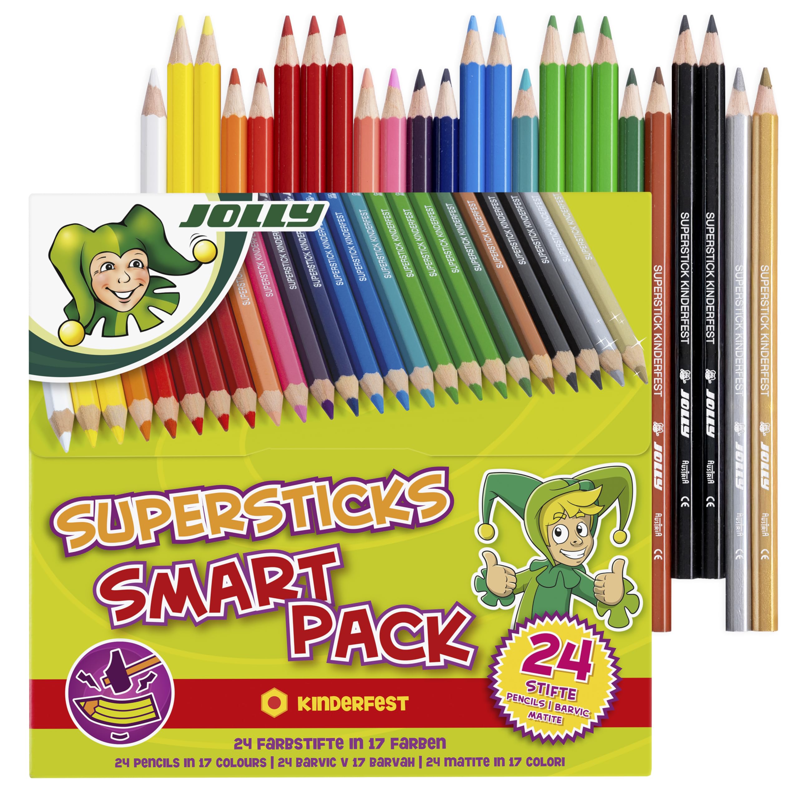 JOLLY Supersticks Smart-Pack, 24 Buntstifte, Kinderfest, Bruchfeste Mine, Leuchtende Farben, Für die Schule, Doppel- und Dreifachfarben, Stiftebox, Malen, Zeichnen, Schulbedarf, Farbvielfalt