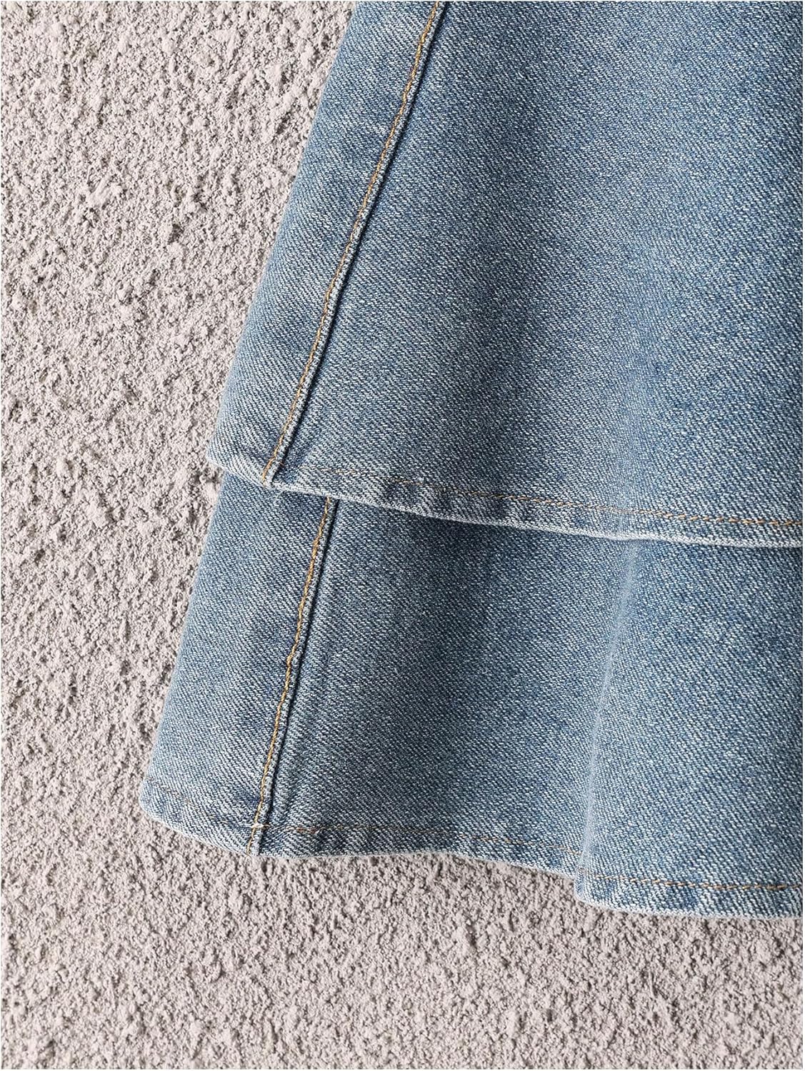 OYOANGLE Girl's Layered Ruffle Denim Skirt Elastic Waist A Line Short Jean Skirts with Pocket