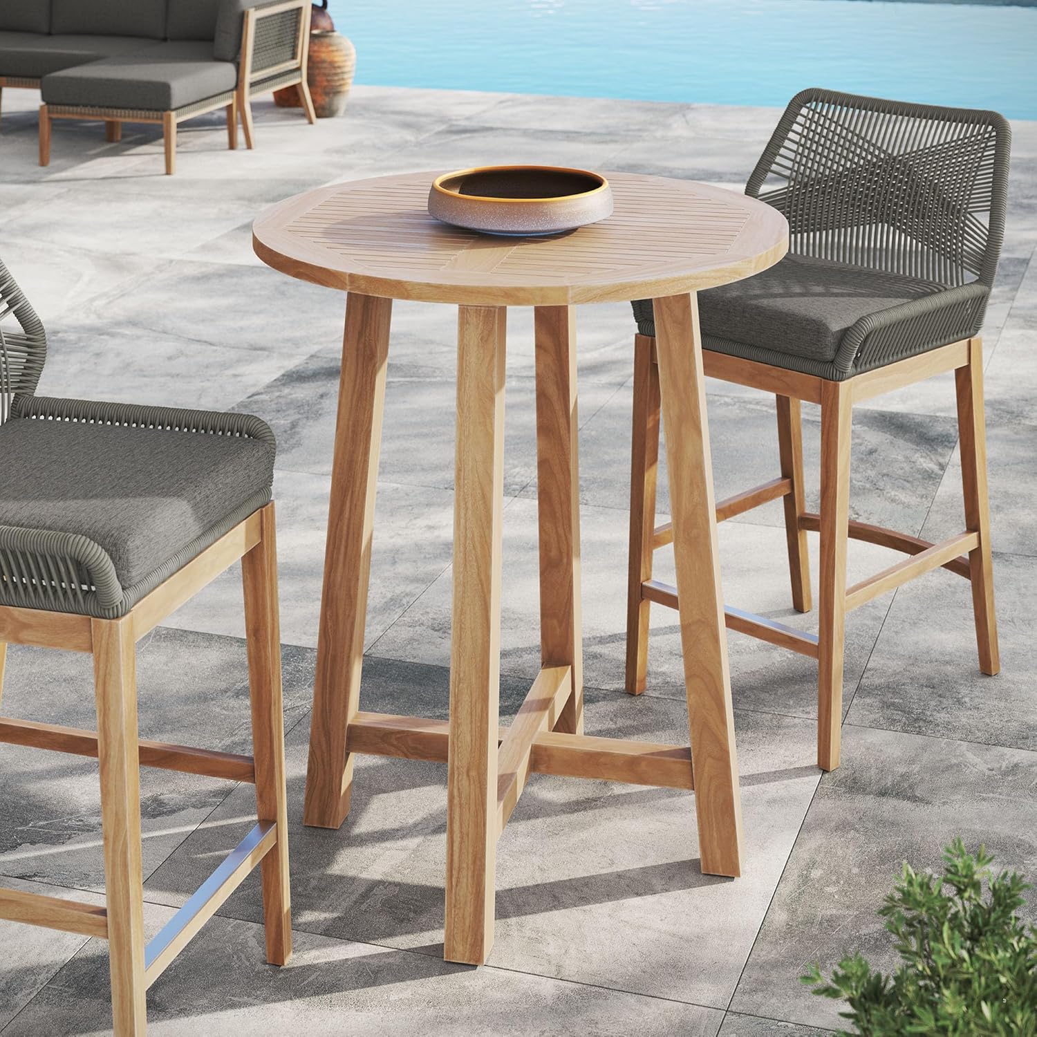 Modway Wellspring Outdoor Round Teak Wood Bar Table in Natural