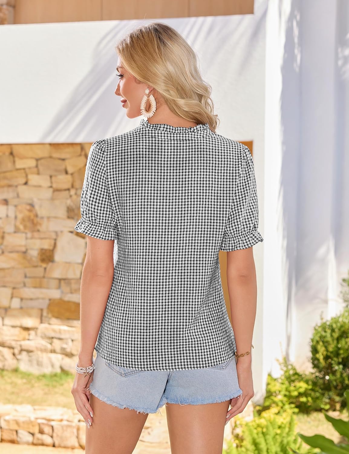 Blooming Jelly Womens Button Down V Neck Tops Puff Sleeve Plaid Shirts Foam Print Short Sleeve Summer Blouse 2026 - Image 3