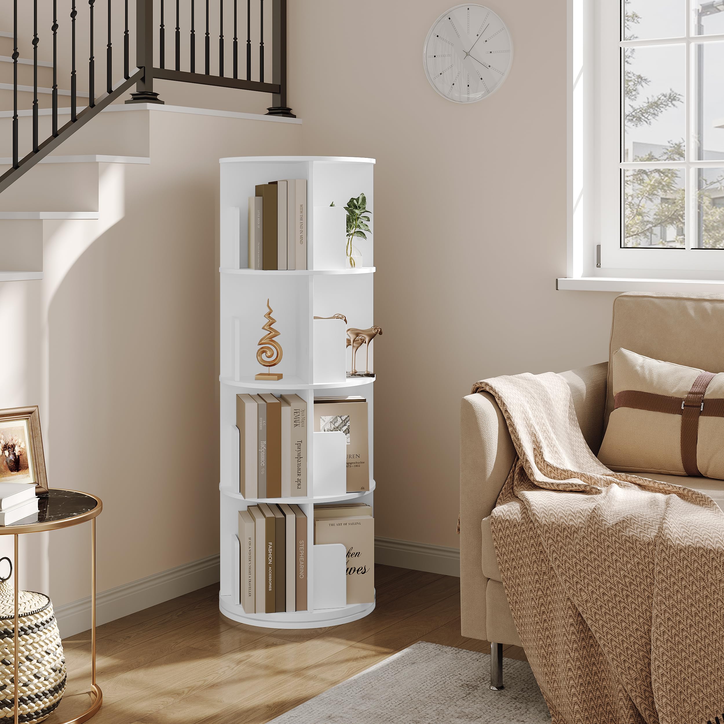 EUGAD Libreria Rotante, Libreria Angolare a 4 Livelli 16 Scomparti, Scaffale Autoportante per Soggiorno, Camera da letto, Ufficio, Studio, in Legno, Bianco