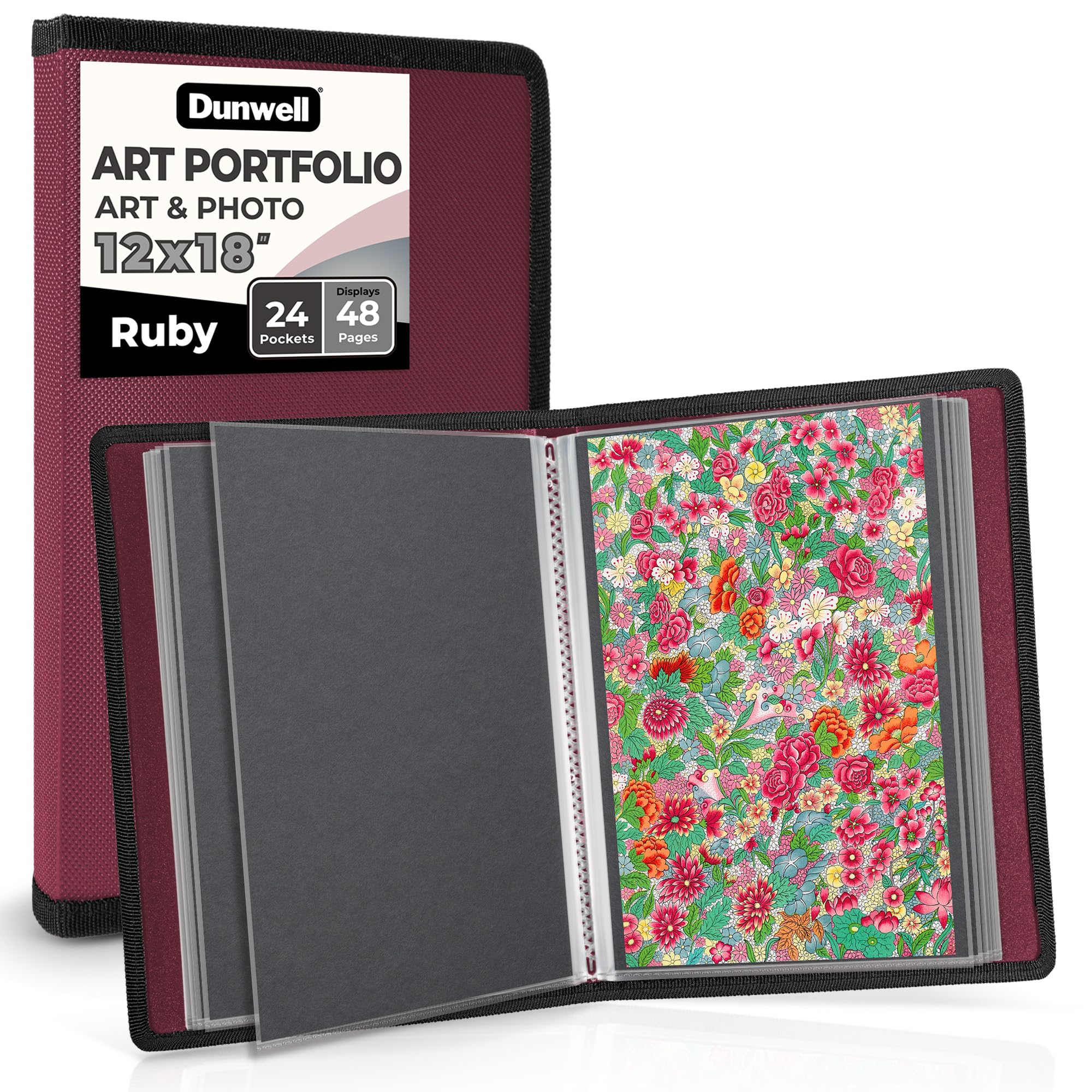 Dunwell 12x18 Artist Portfolio - Ruby - 24 Sleeves, 48 Pages, Acid Free, Black