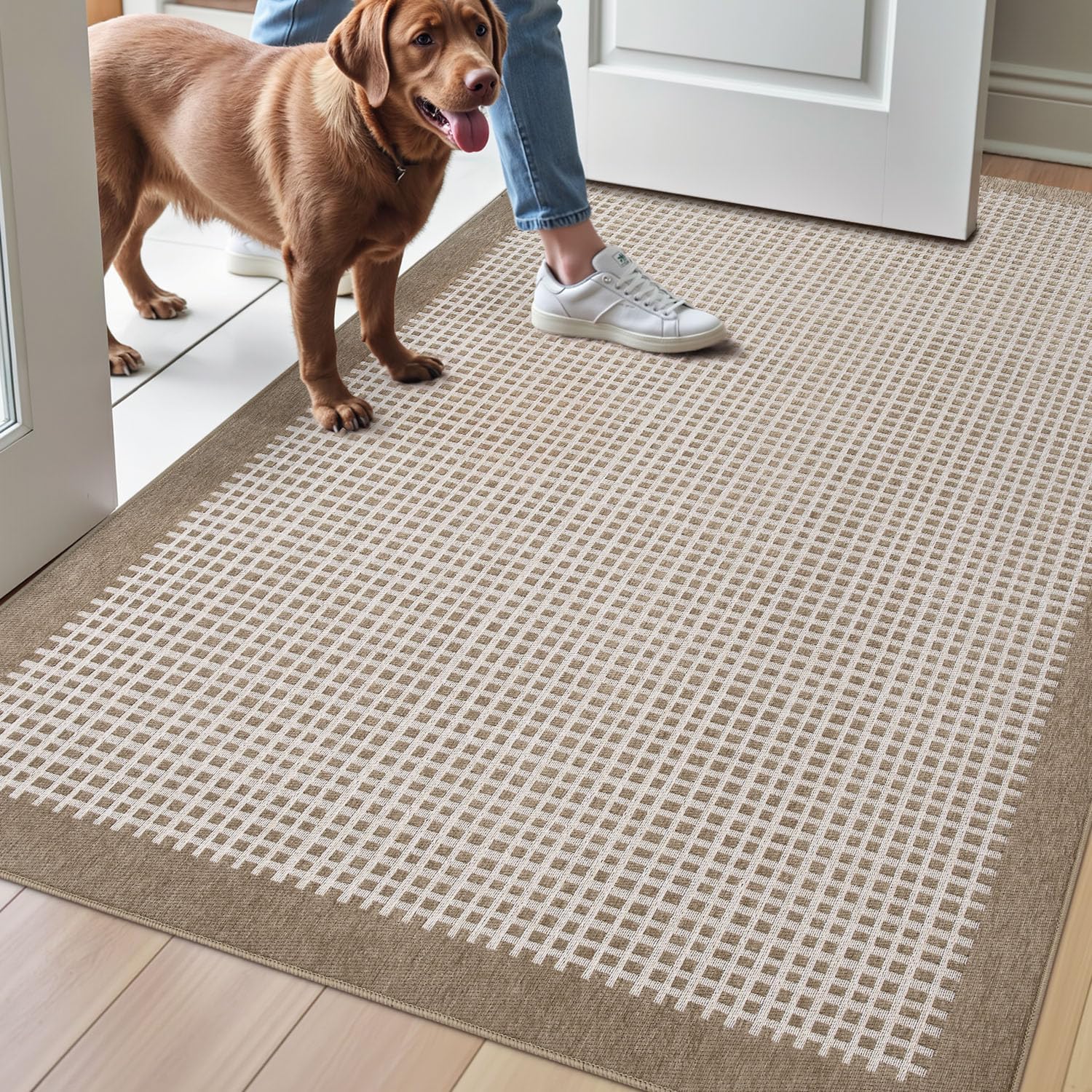 LUMI Inside Door Mat for Entry 30''x48'', Absorbent, Dirt Trapper, Low Profile Thin, Non Slip Mats with Rubber Backing, Ideal for Indoor, High Traffic, Garage, Entrance, Checkered Beige