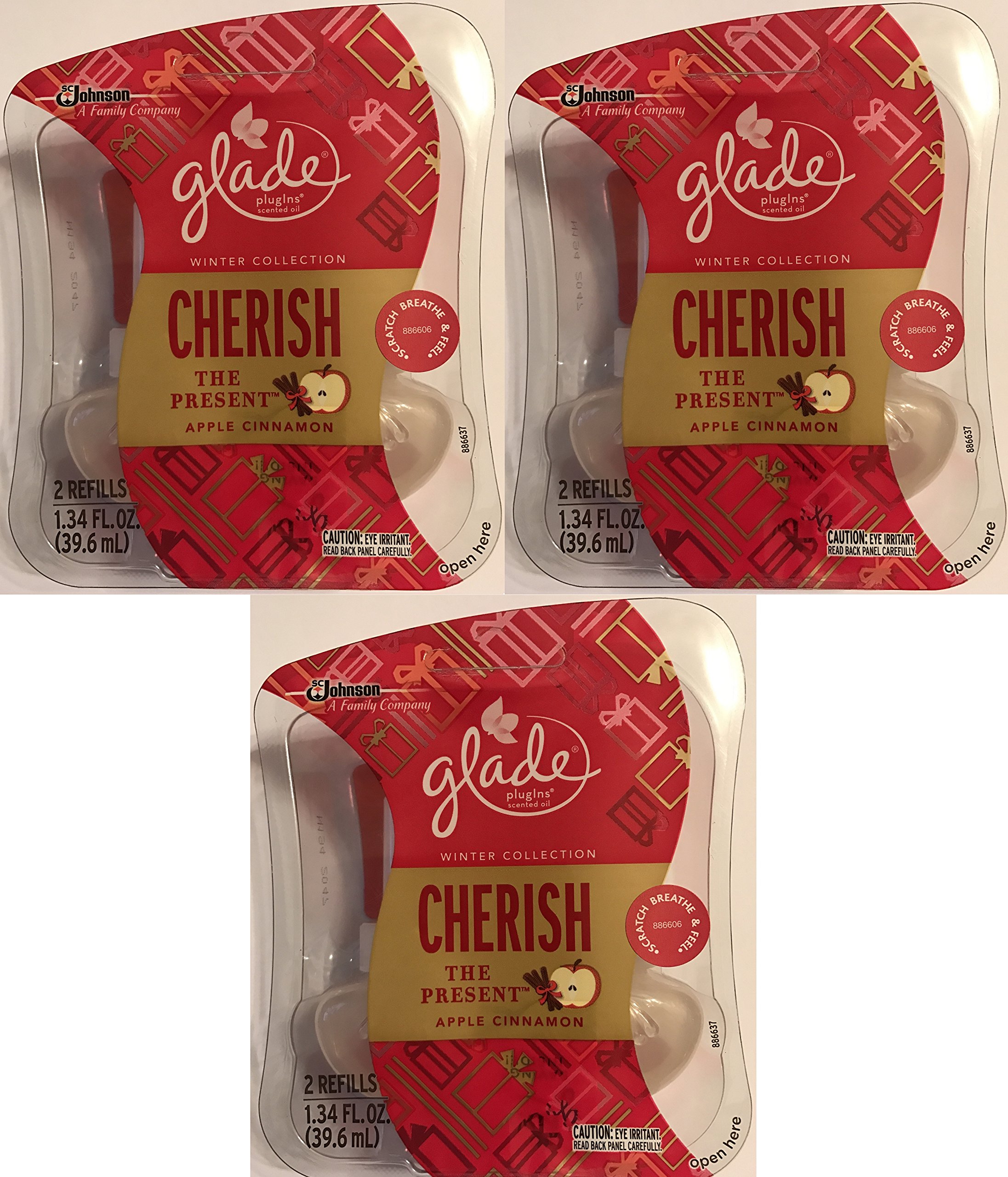 Glade Plugins Scented Oil Refills - Winter Collection 2015 - Cherish The Present - Apple Cinnamon - 2 Count Oil Refills Per Package - Pack of 3