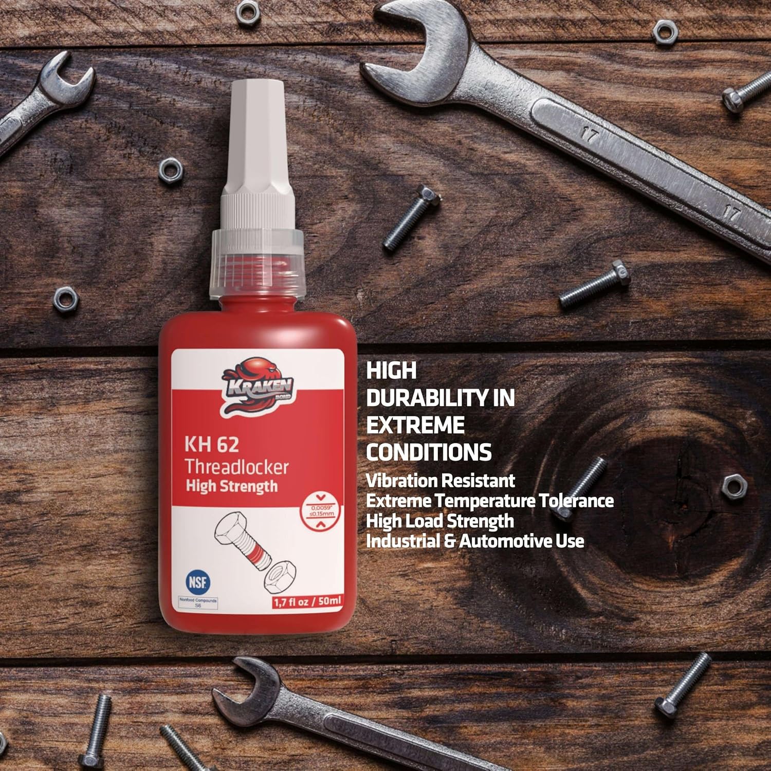 Kraken Bond KH62 Red Threadlocker 2x1.7 fl oz, High Strength Thread Locker for Bolts, Studs, Nuts and Metal Fasteners, Vibration Resistant Screw Glue, NSF Certified