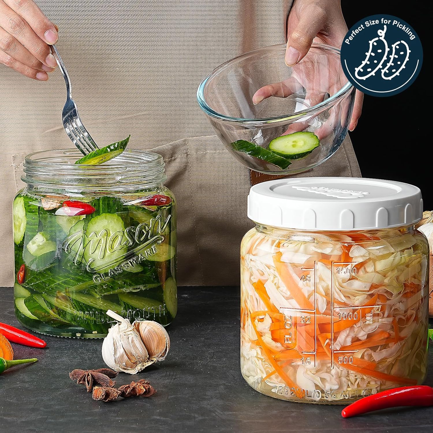 2 Pack Glass Jar with Lid, Half Gallon Mason Jar Wide Mouth for Pantry Storage, Flour, Pasta, Cookie, Candy, Fermenting, Pickle - Airtight Glass Storage Jars for Fridge w 2 Scale Marks(64 Oz)