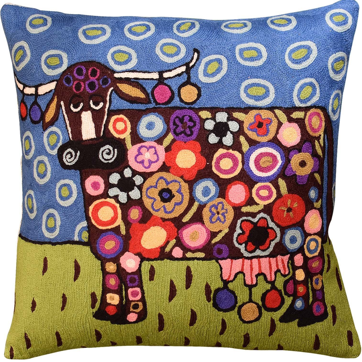 Kashmir Designs Cow Pillow Cover Karla Gerard Animal Cow-Themed Throw Kids Room Pillowcase Blue Chair Pillows Whimsical Cow Art Throw pillowsham Hand Embroidered Wool Size 18x18