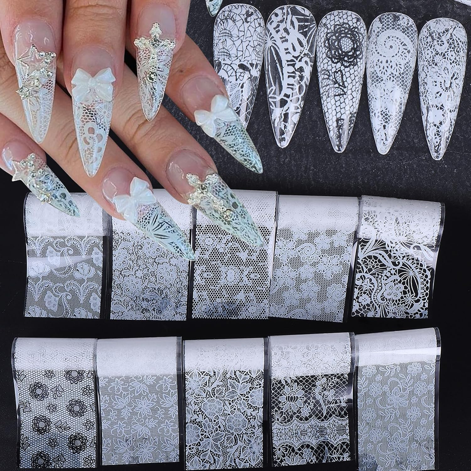 10-Slot White NailFoil Storage Box with 10 White Lace Nail Foils Transfer Stickers & Heart Rolling Tools Nail Art Transfer Foils Container Compact Nail Organizer Supplies for Salon & Home Use