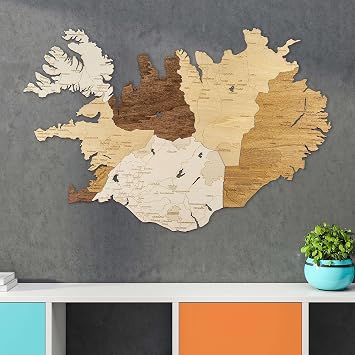 68travel Wooden Map of Iceland 98x66 cm Multilayered Large Wall Art with Natural Stains - for Living Room, Study, Office