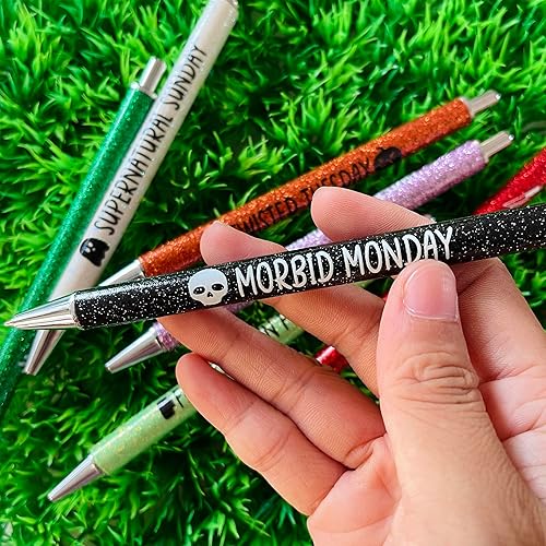 Miniatura 3 de Jxueych 7 bolígrafos de Halloween para el día de la semana, bolígrafos con purpurina con refranes divertidos, bolígrafos pasivos vibrantes y