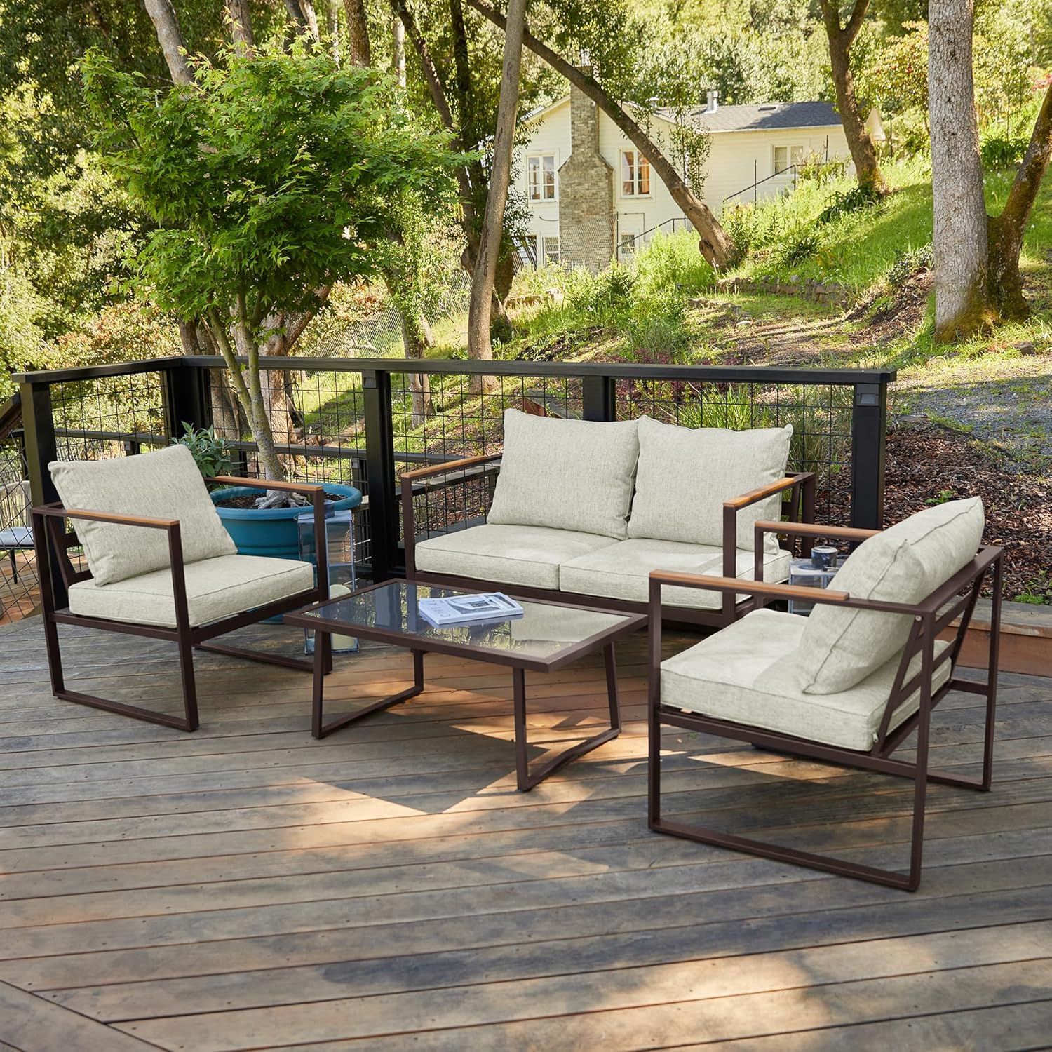 EAST OAK Courtyard Patio Furniture Set, 4-Piece Outdoor Patio Set with Sofa, Removable & Washable Deep Seating Cushion, Tempered Glass Table, Outside Patio Conversation Sets, Black & Dark Grey