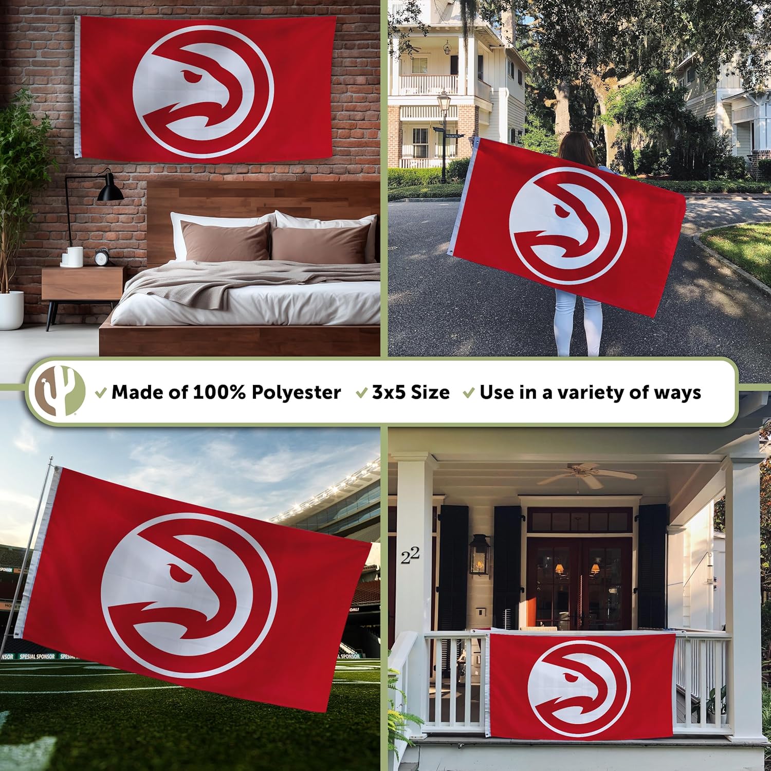 Desert Cactus Atlanta Hawks Flag NBA 100% Polyester Indoor Outdoor 3x5 feet National Basketball Association Team Flags (Flag #1)
