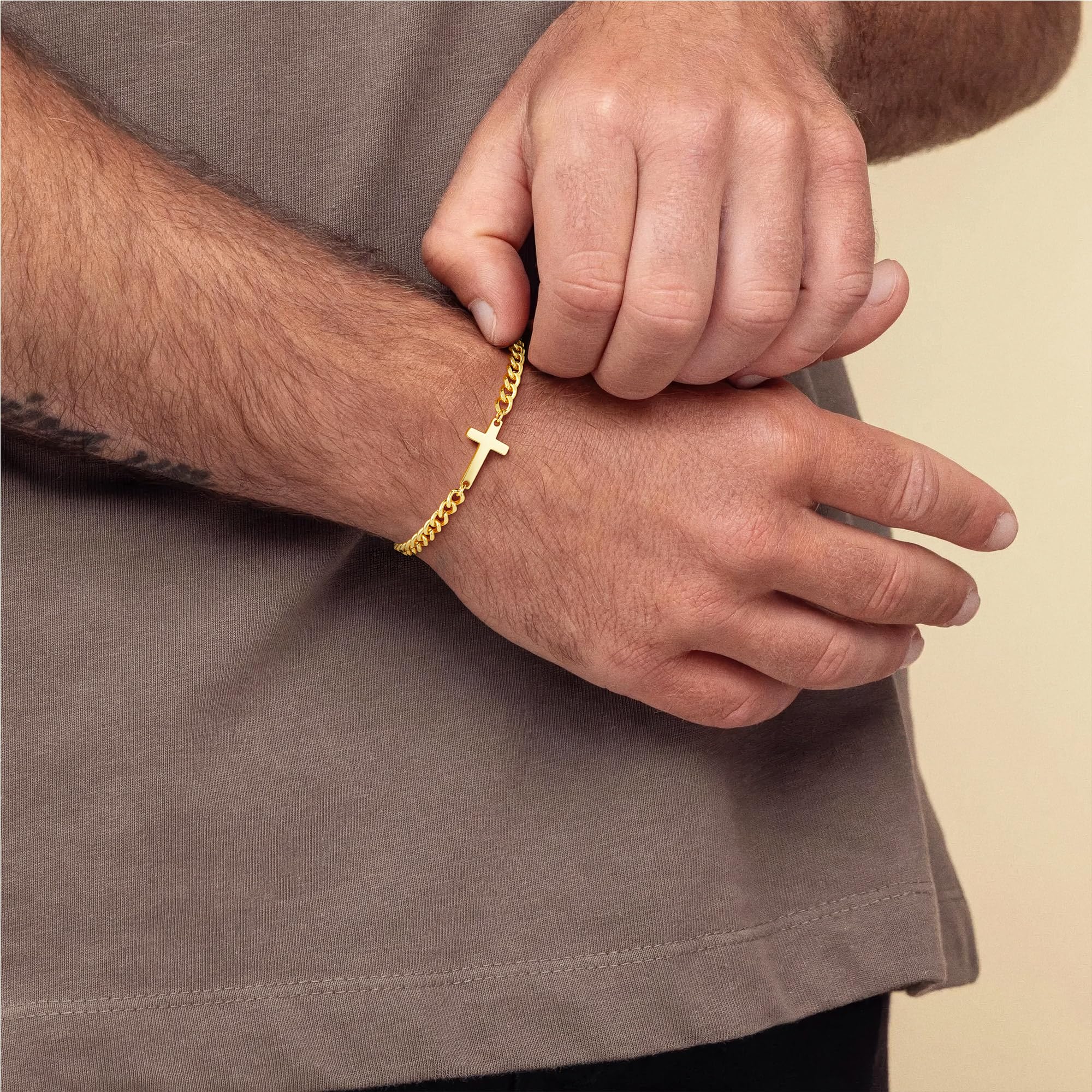 TINGN Bracelet pour homme en acier inoxydable 316L - Bracelet pour homme - Figaro cubain - Chaîne de réservoir avec croix - Cadeau pour homme, père, petit ami, frère