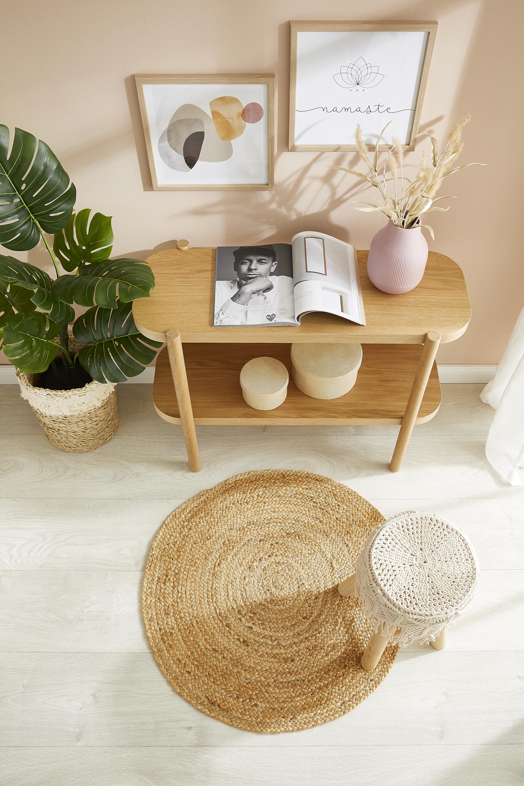 -LUXOR- living Teppich Mamda - Runder Jute Teppich alle Wohnbereiche oder als Dekoelement - Uni Farben Boho Naturteppich - aus Jute und Baumwolle 150 cm rund