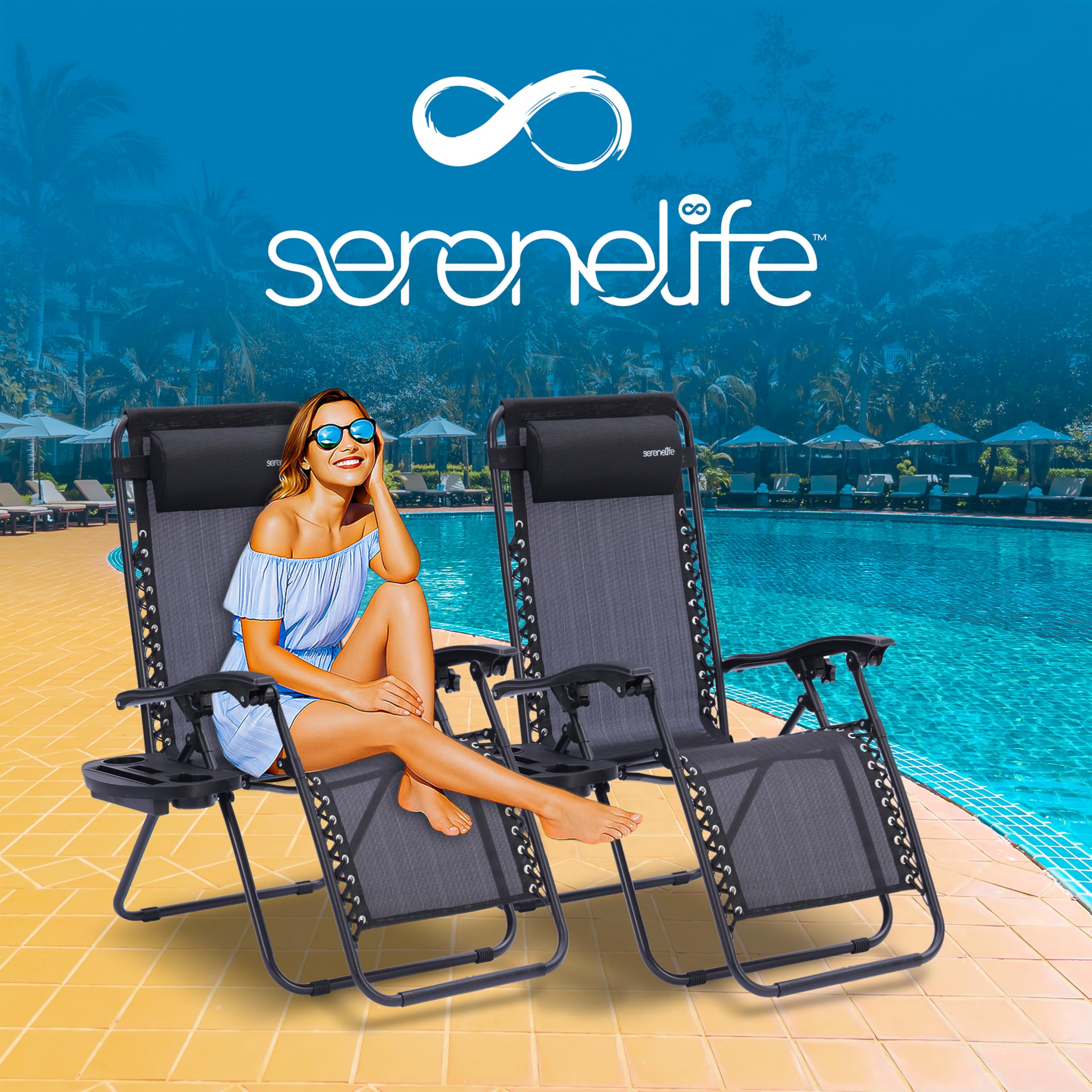 SereneLife sillas reclinables de Exterior, Set de 2, Tumbonas de Malla de Acero, con Almohada Desmontable, Portavasos, Plegables, Ajustables, Portatiles, Zero Gravity, Camping, Patio, Piscina o Playa