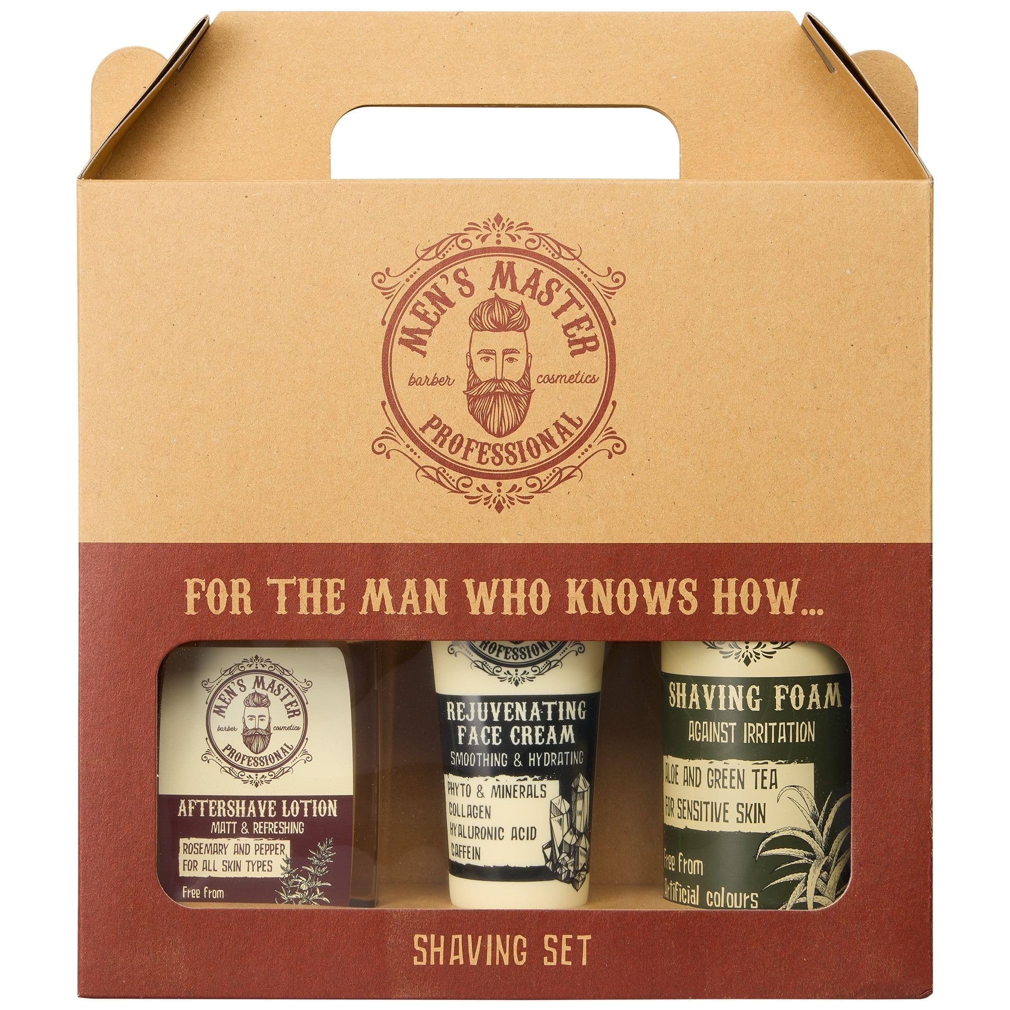 Men's Master Set Regalo per Uomo 3 Unità | Shaving Set | Schiuma Idratante da Barba | Lozione Lenitiva per Dopobarba | Crema Rigenerante Viso Antirughe | Cura del Viso Maschile | Senza Parabeni