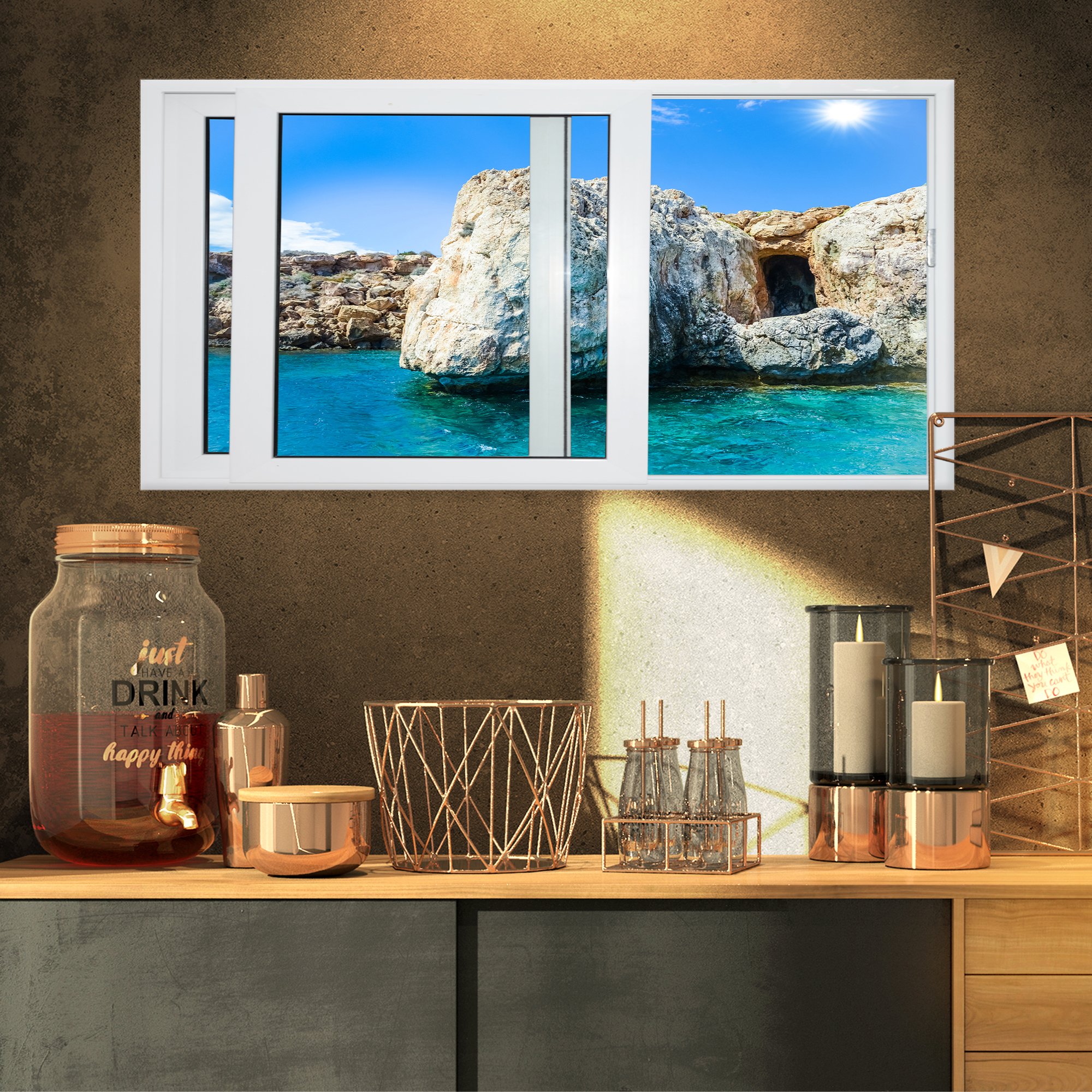 Design Art PT11435-32-16 Open Window to Rocky Sunny Ocean-Extra Large Seashore Canvas Art-32X16, 32x16