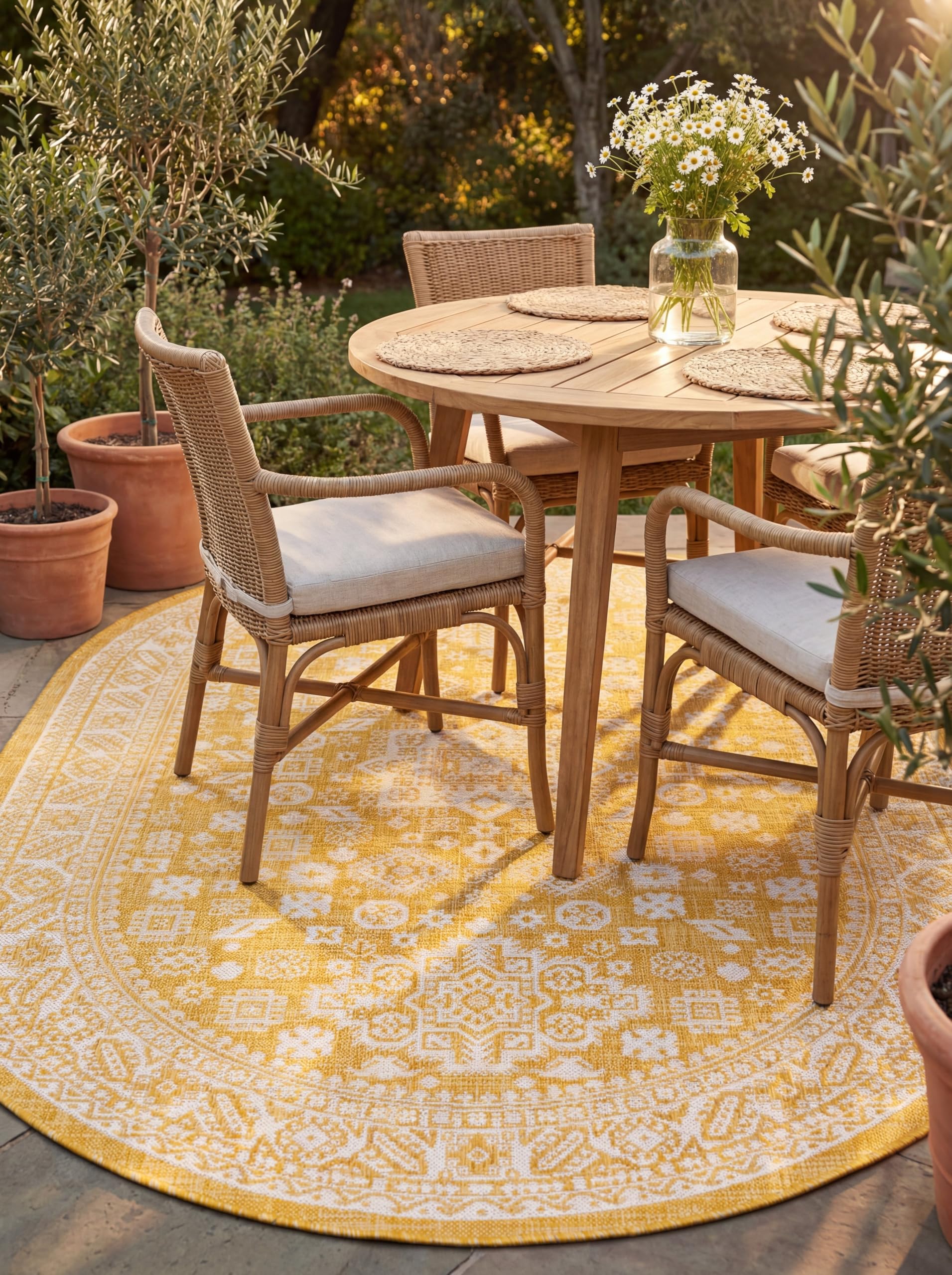 Rugs.com Outdoor Aztec Collection Rug – 5' x 8' Oval Yellow Flatweave Rug Perfect for Living Rooms, Large Dining Rooms, Open Floorplans