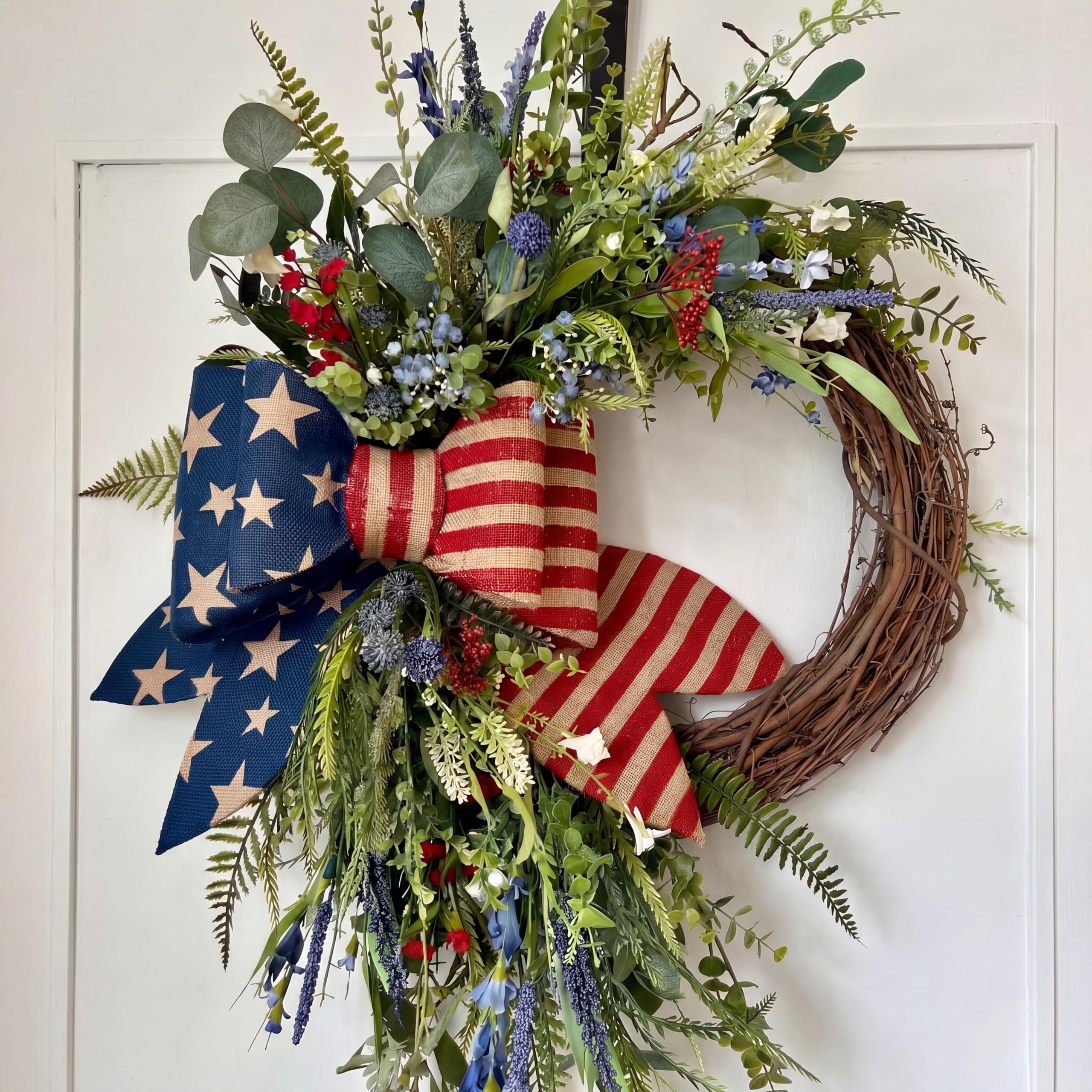 Photo 1 of ***FALLING APART*** Suncalla Patriotic Wreath for Front Door Red White Blue Flowers Outdoor 250th Anniversary 4th of July American Flag Bow Wreath for Independence Day Memorial Day Inside Outside Home Decor