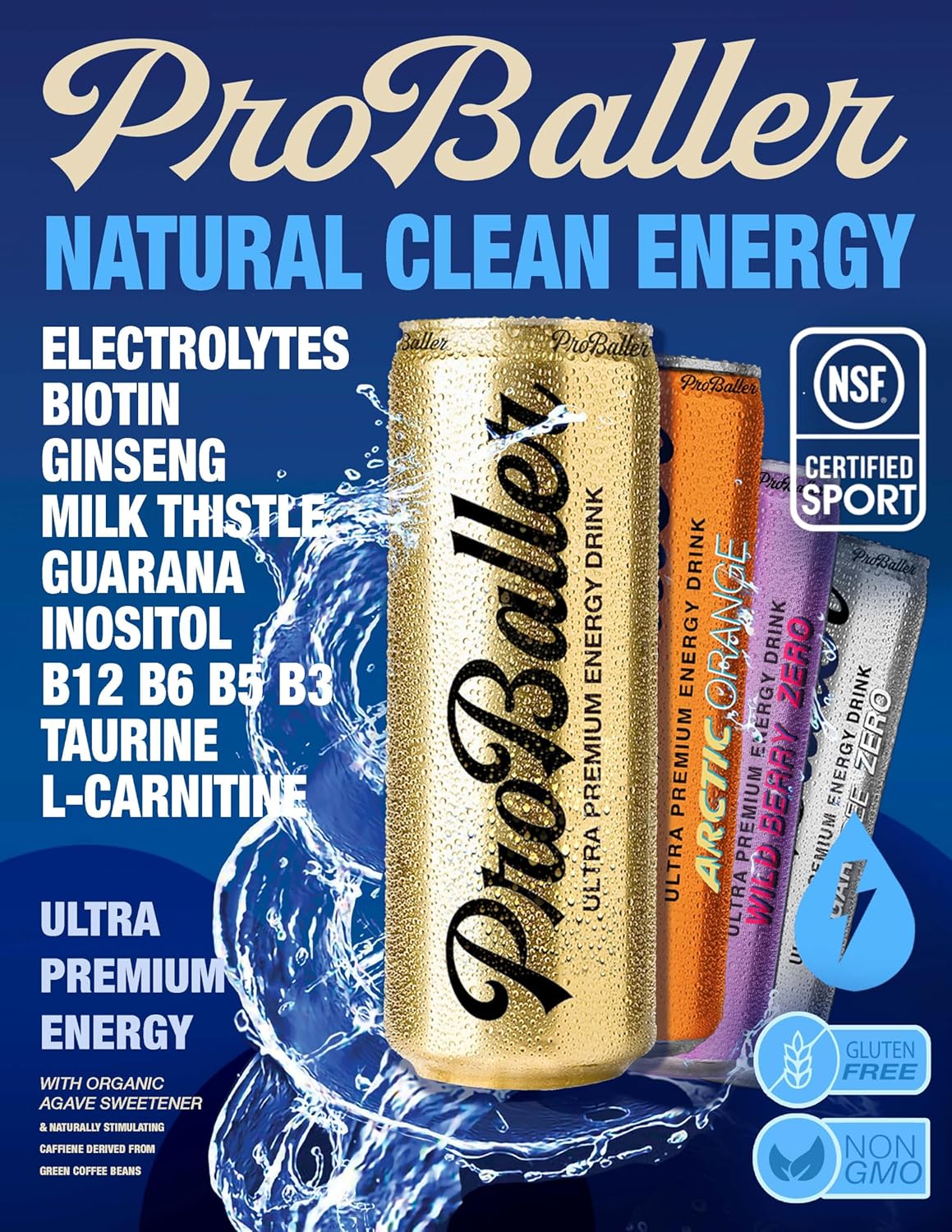ProBaller Clean Energy Drink – Athlete-Grade Energy for Focus & Performance, Sweetened with Organic Agave, NSF Certified for Sport, Natural Caffeine, Electrolytes & B Vitamins – LAKERS Ltd. (15 Pack)