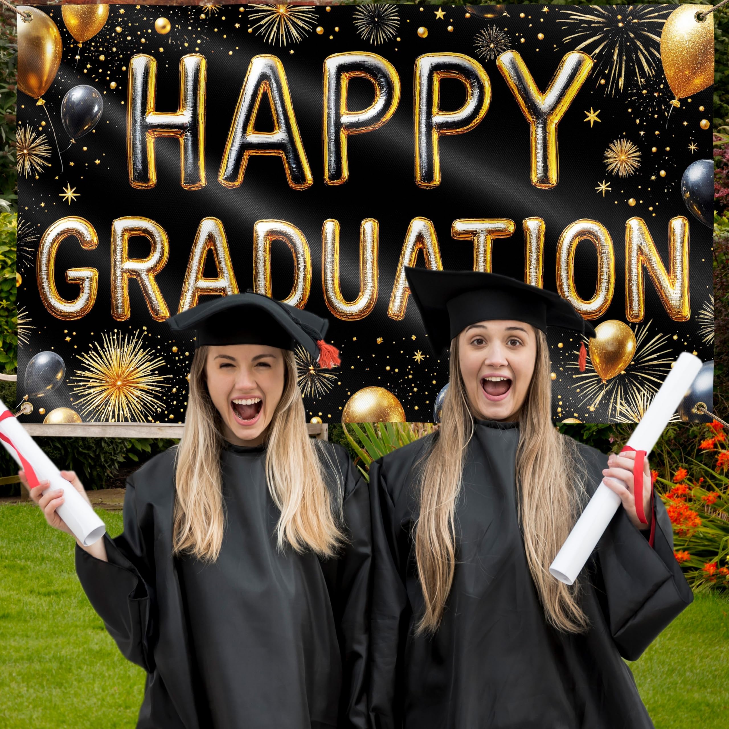 Congratulations Banner - Graduation Decorations 5x3ft - Well Done Banner - We Are So Proud of You - You Did It (Black and Gold) - Image 3