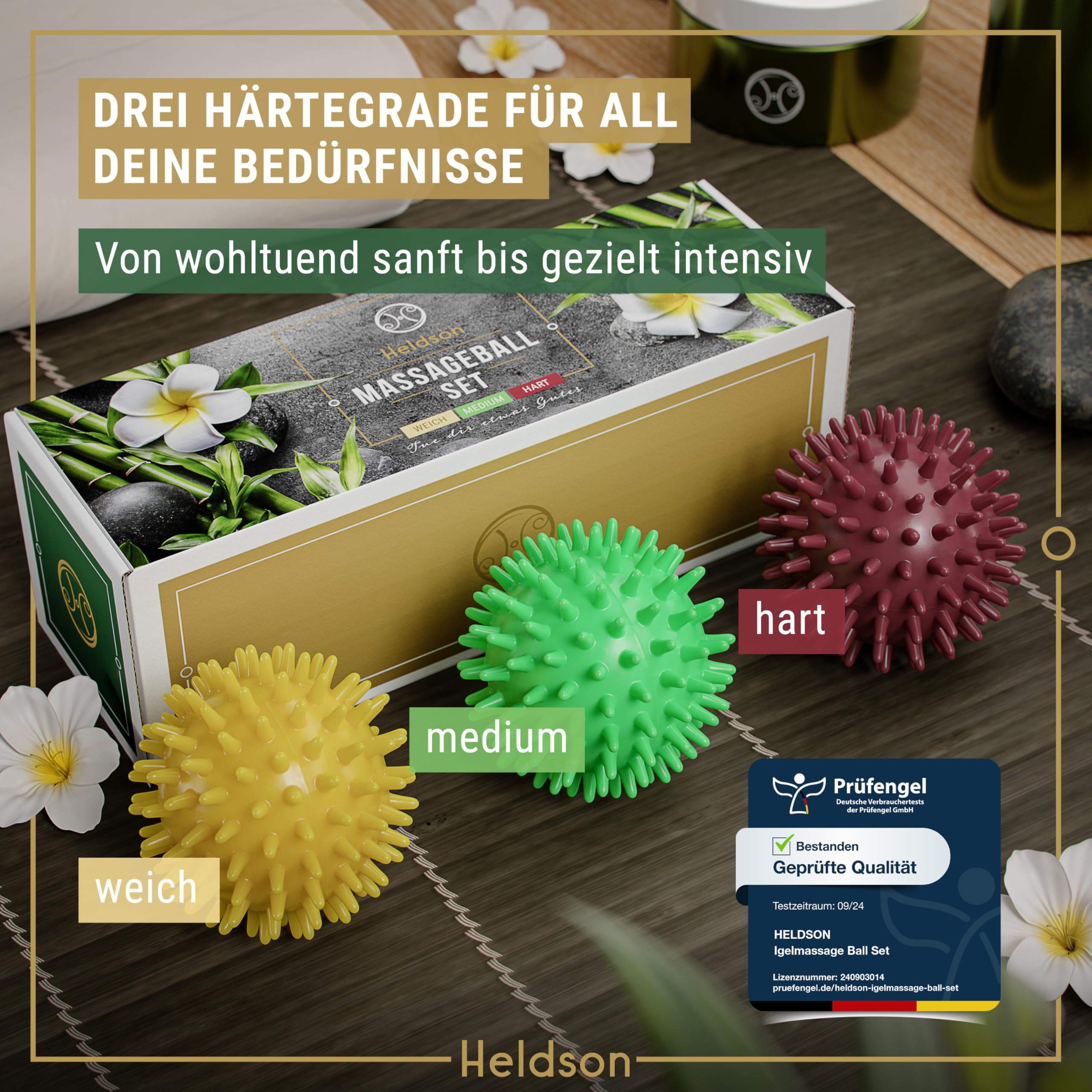 HELDSON® Zestaw piłek do masażu premium [3 stopnie twardości] – piłka do masażu stóp z jeżem twarda, miękka – piłka z wypustkami – małe piłki do masażu powięzi – piłka do masażu powięzi – piłka do
