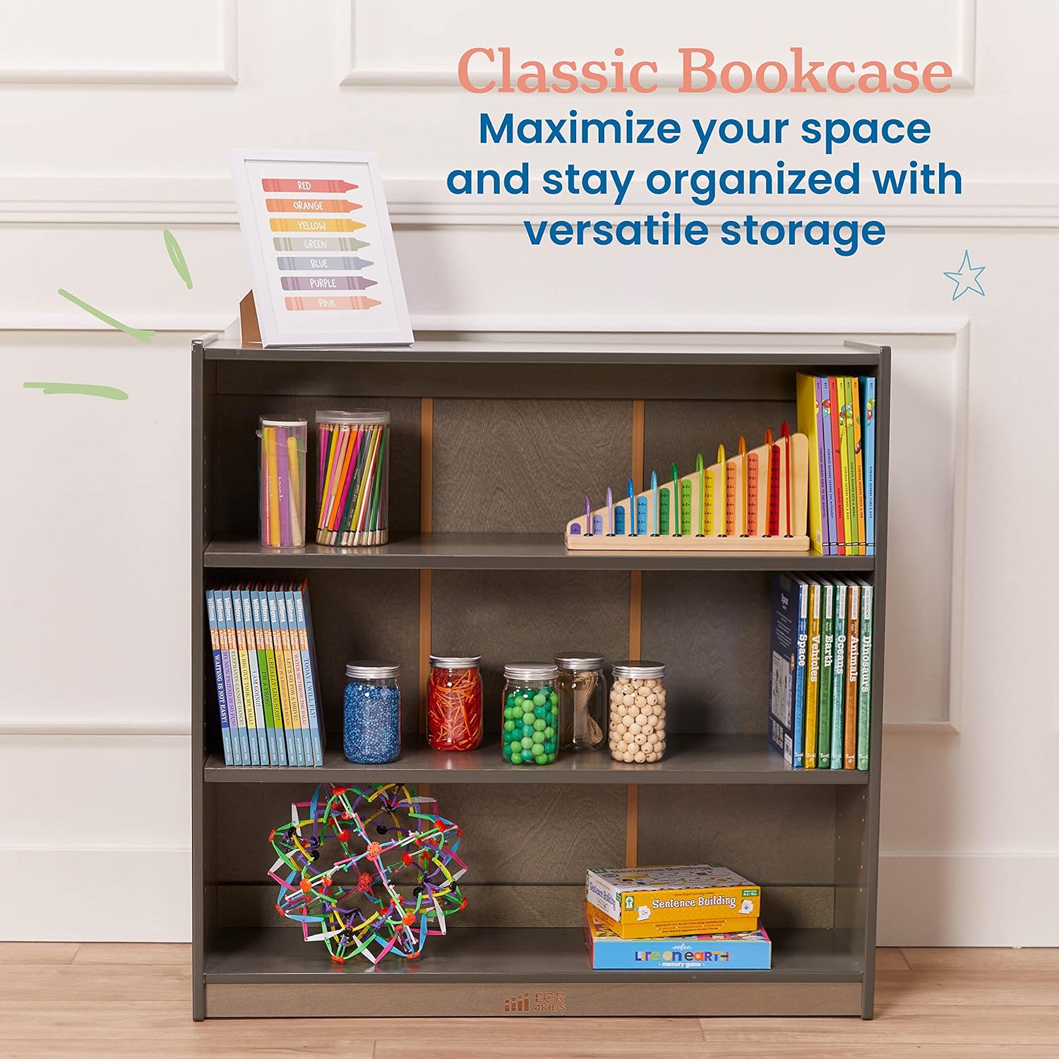 ECR4Kids Wooden Classic Bookcase with Adjustable Shelves, 36in, Classroom Bookshelf, Grey Wash
