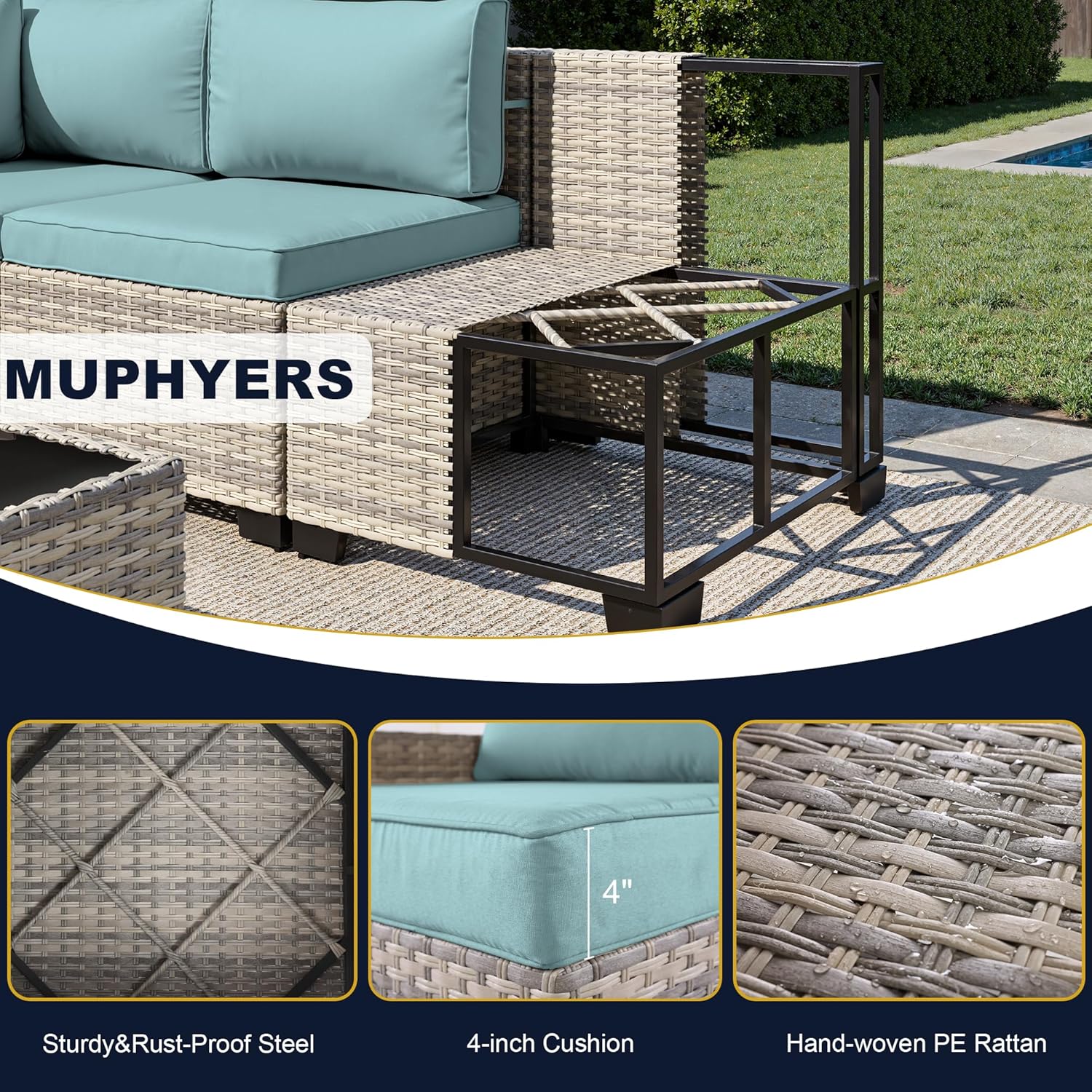 7-Piece Outdoor Patio Furniture Set, PE Wicker Rattan Sectional Sofa Conversation Set with Tempered Glass Table & Thick Cushions - All-Weather Garden, Backyard Furniture, Light Blue