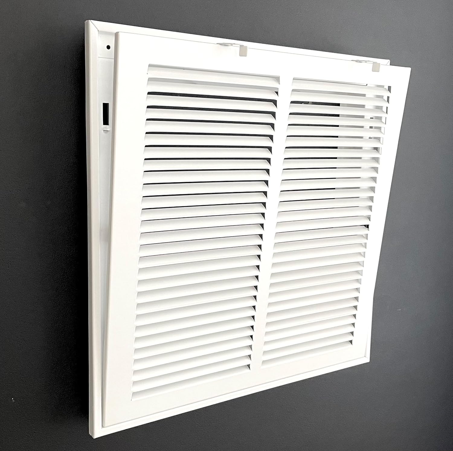 14"w x 14"h (Duct opening size) steel filter return grille with removable door for 1-inch filter replacement - Overall dimensions: 16.6"w X 16.6"h