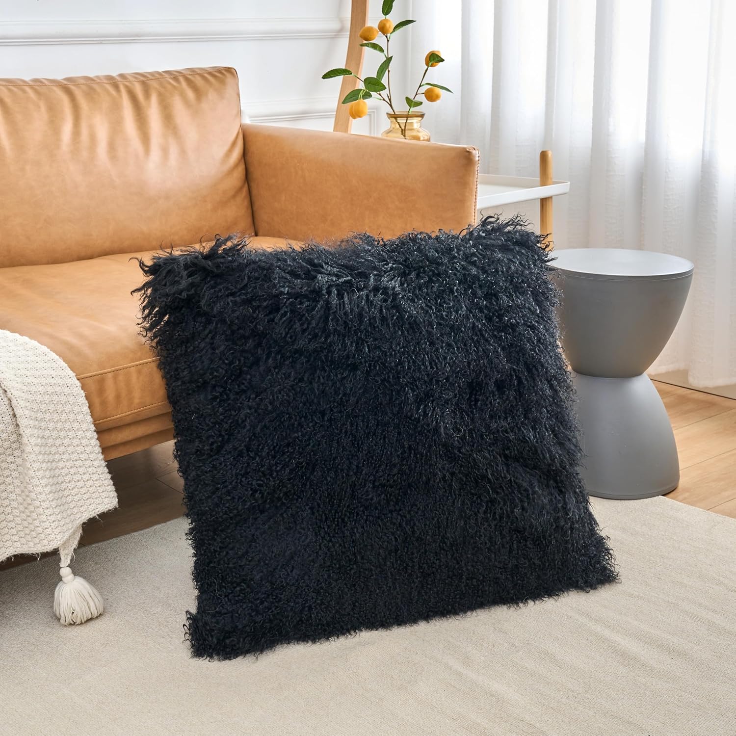 Genuine Mongolian Lamb Fur Pillow Cover – Soft Curly Sheepskin Cushion Case – Decorative Throw Pillow for Sofa, Couch, or Bed Sizes (Black, 22" x 22")