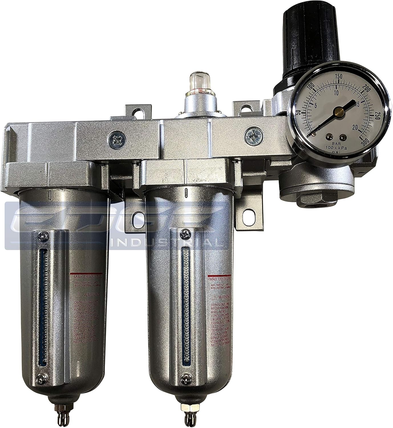 INDUSTRIAL RATED Three Stage Air Drying System - Air Particulate Filter, 0.01 Micron Coalescing Filter & Air Pressure Regulator Modular Combo 3, Metal Bowl (1/2" MANUAL DRAIN)