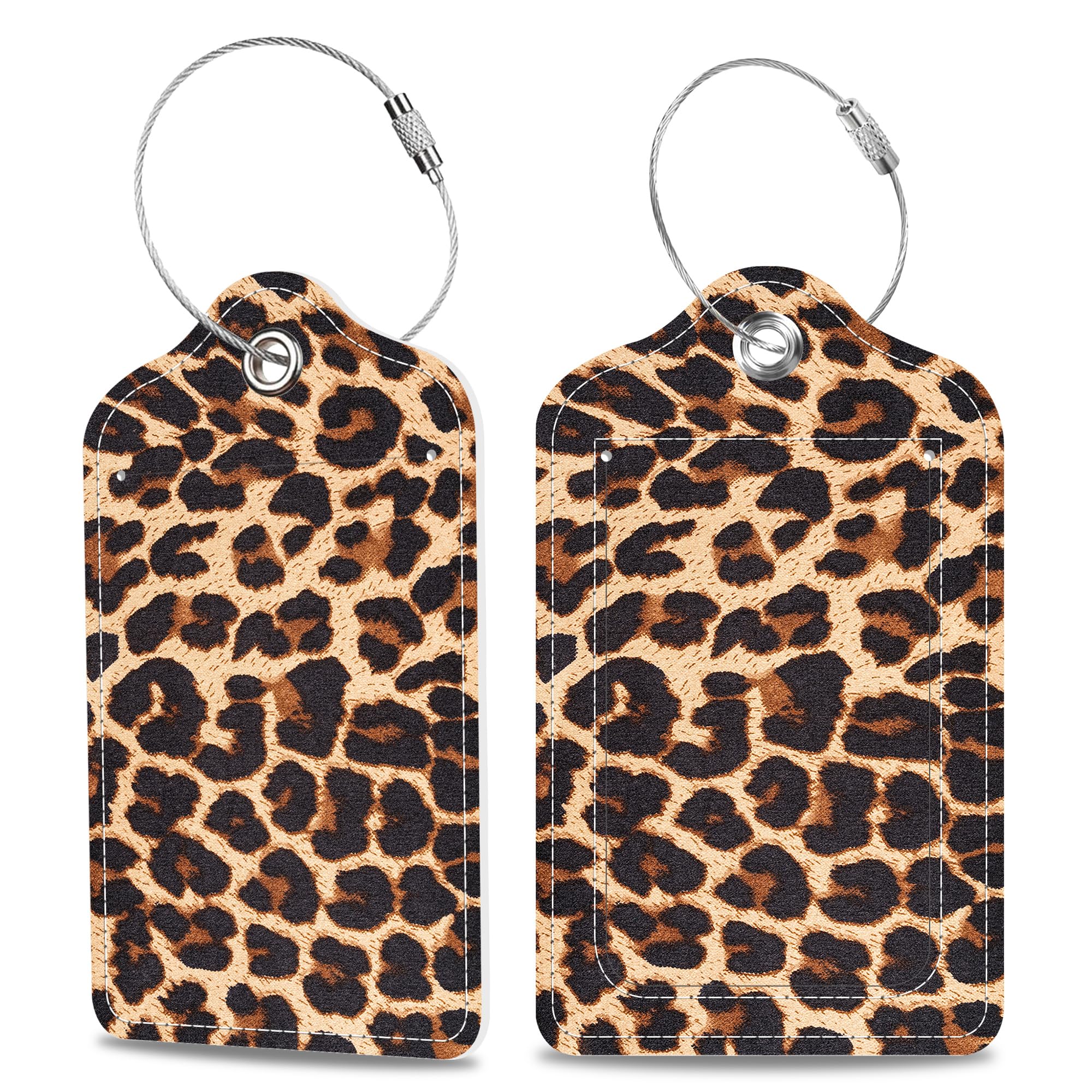 Set of 2 Luggage Tags Brown Leopard Texture Leather Suitcases Tag with Privacy Cover Stainless Steel Loop and Address Card for Women Men Travel