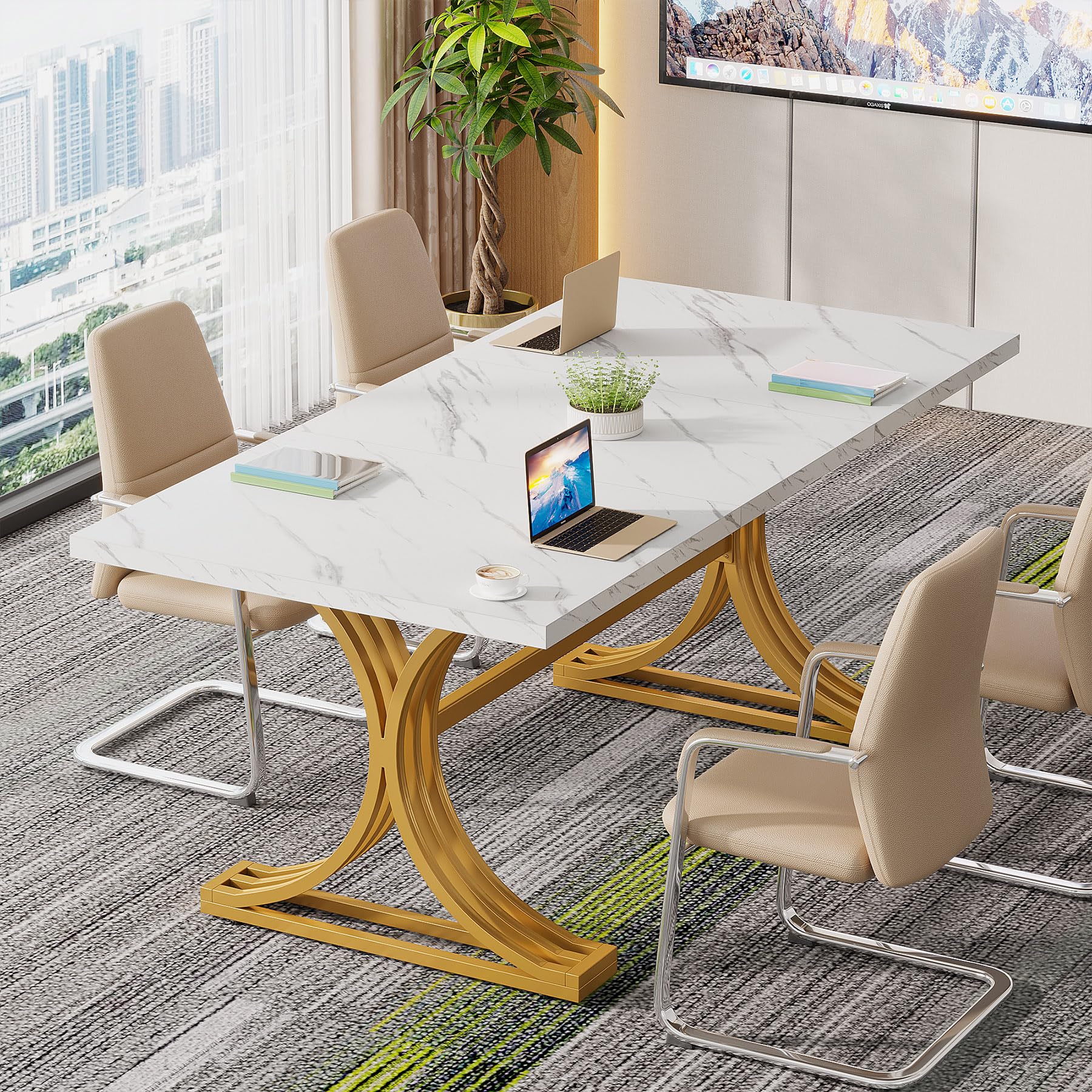 Tribesigns 5FT Conference Table for 4 to 6, 63" W x 31.5" D Modern Meeting Table with Faux Marble Tabletop, White and Gold Business Seminar Tables for Home Office (Faux Marble White+Gold)