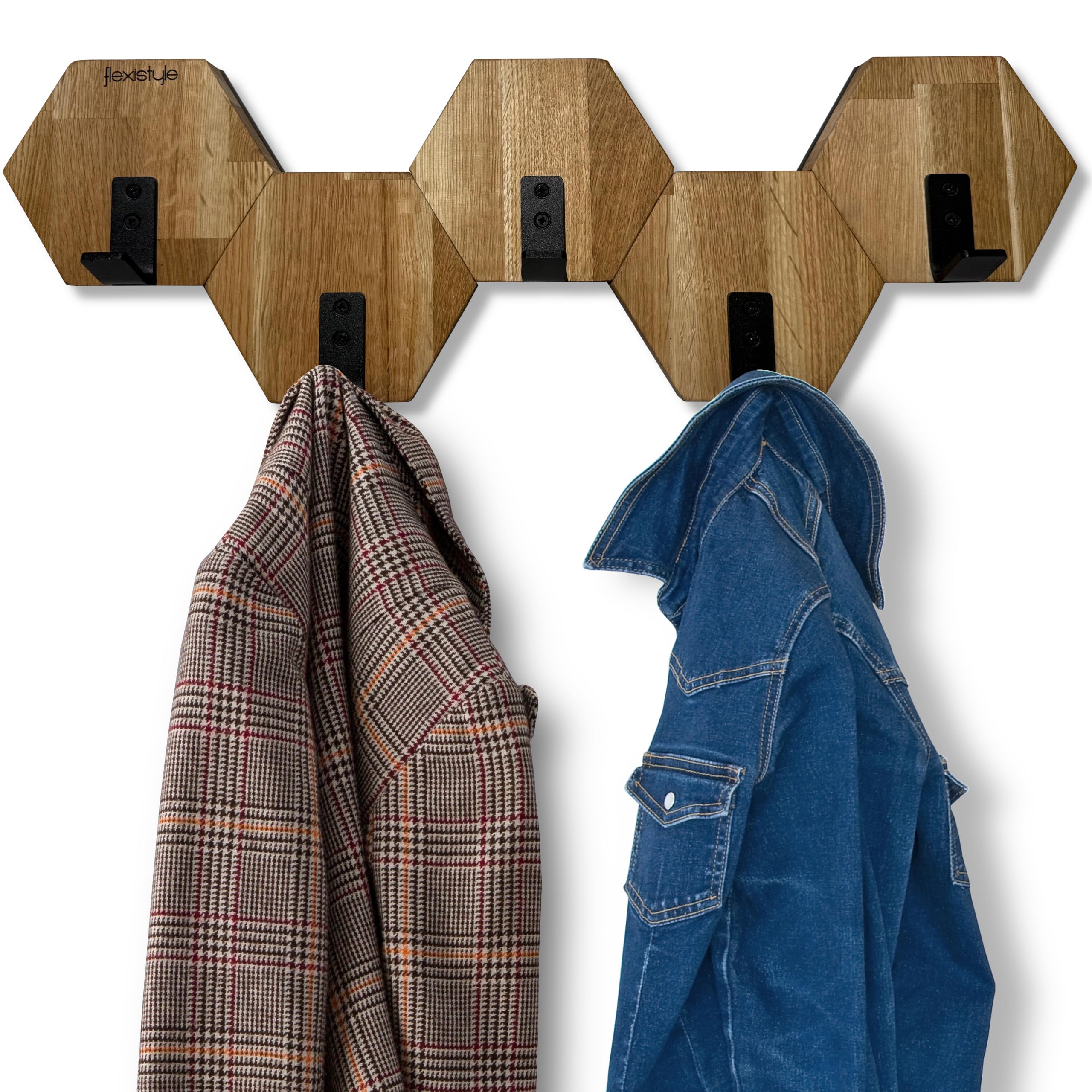 FLEXISTYLE Perchero hexagonal de pared de madera de roble negro, diseño moderno, habitación juvenil, baño natural (roble, 56)